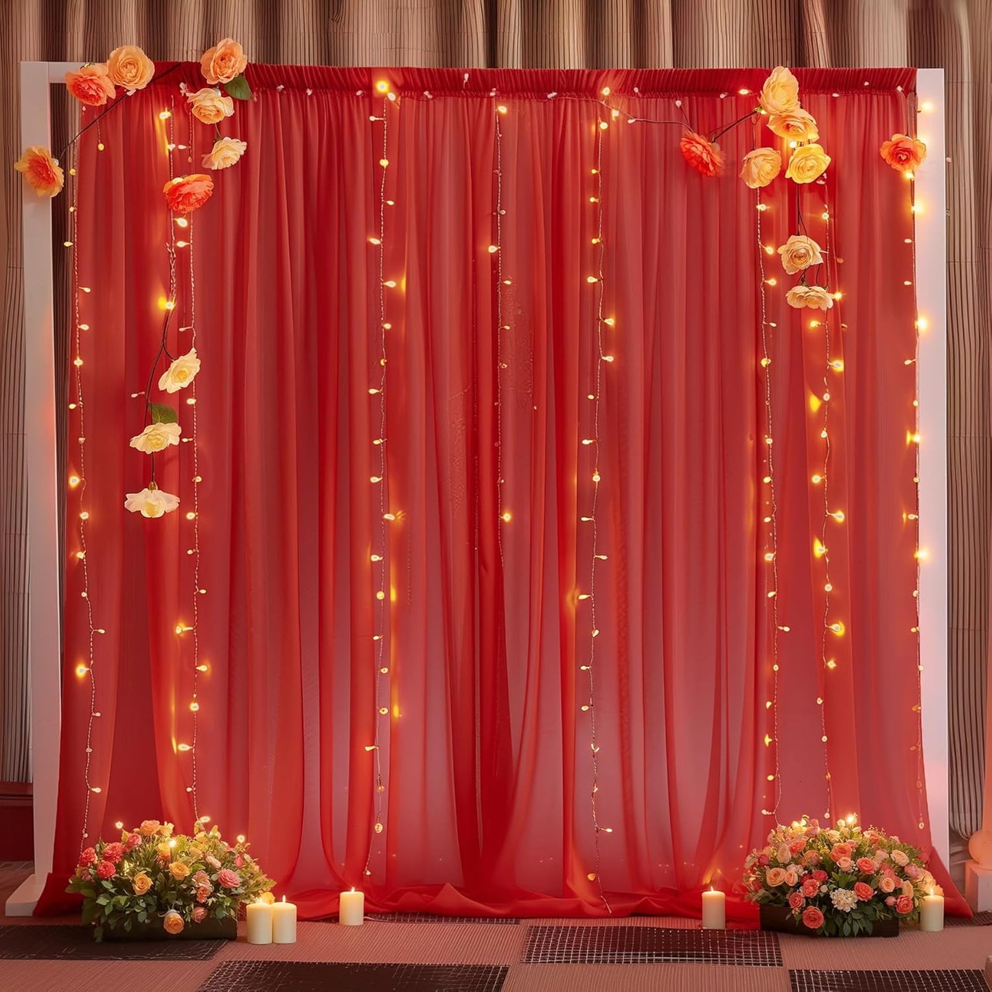 10ft x 10ft Red Backdrop Curtain Drapes, Wrinkle-Free Sheer Chiffon Fabric Photo Backdrop Panels for Wedding Arch Party Ceremony Stage Decoration