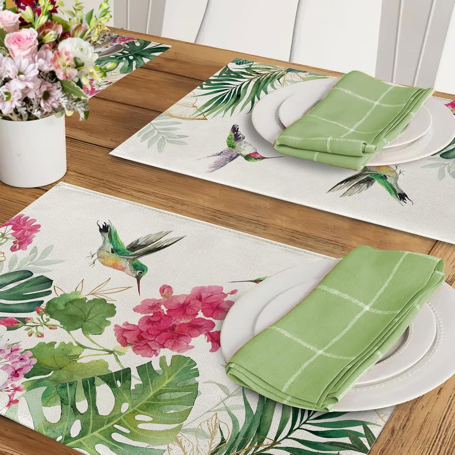 Seliem Spring Summer Geranium Flower Placemats Set of 4, Red Floral Hummingbird Palm Leaves Monstera Dining Table Place Mats, Seasonal Kitchen Decor Home Decoration 12 x 18 Inch