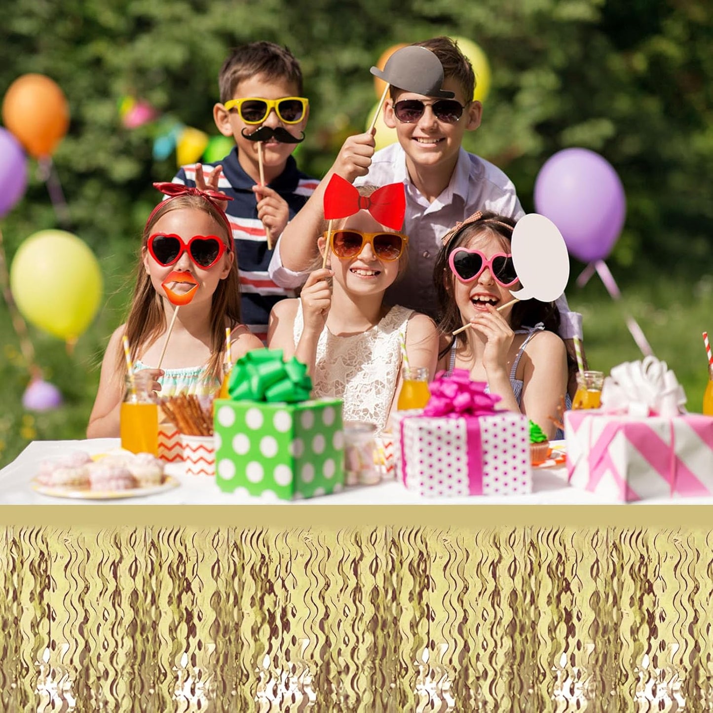 6 Pack 29 x108 Inch Light Gold Wave Foil Fringe Table Skirts Metallic Banner for Tinsel Streamer Garland Backdrop for Parade Floats, Mother's Day, Easter, Wedding, Birthday Party Decoration