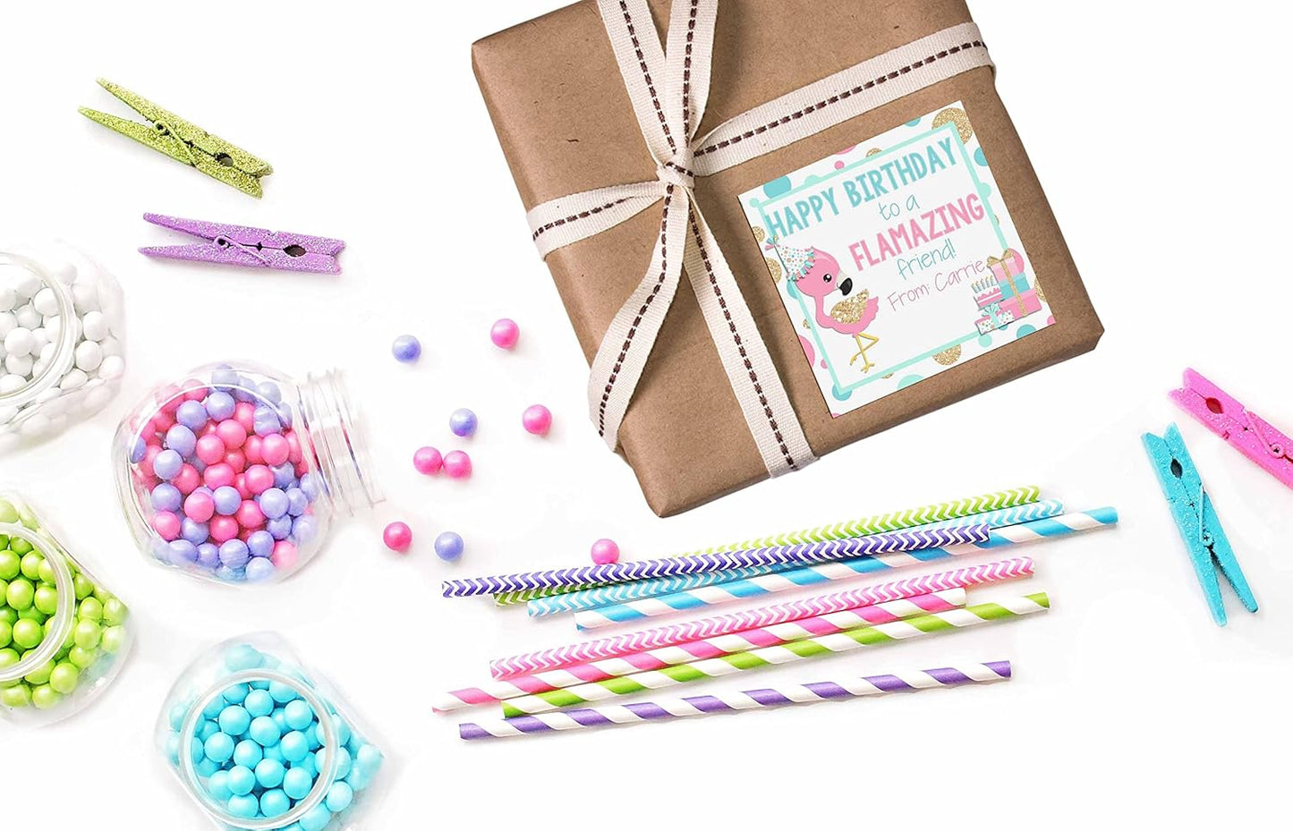 Custom & Personalized FLAMAZING Flamingo Happy Birthday Gift Tag Sticker Labels, 24 2.5" Square Stickers by Amanda Creation