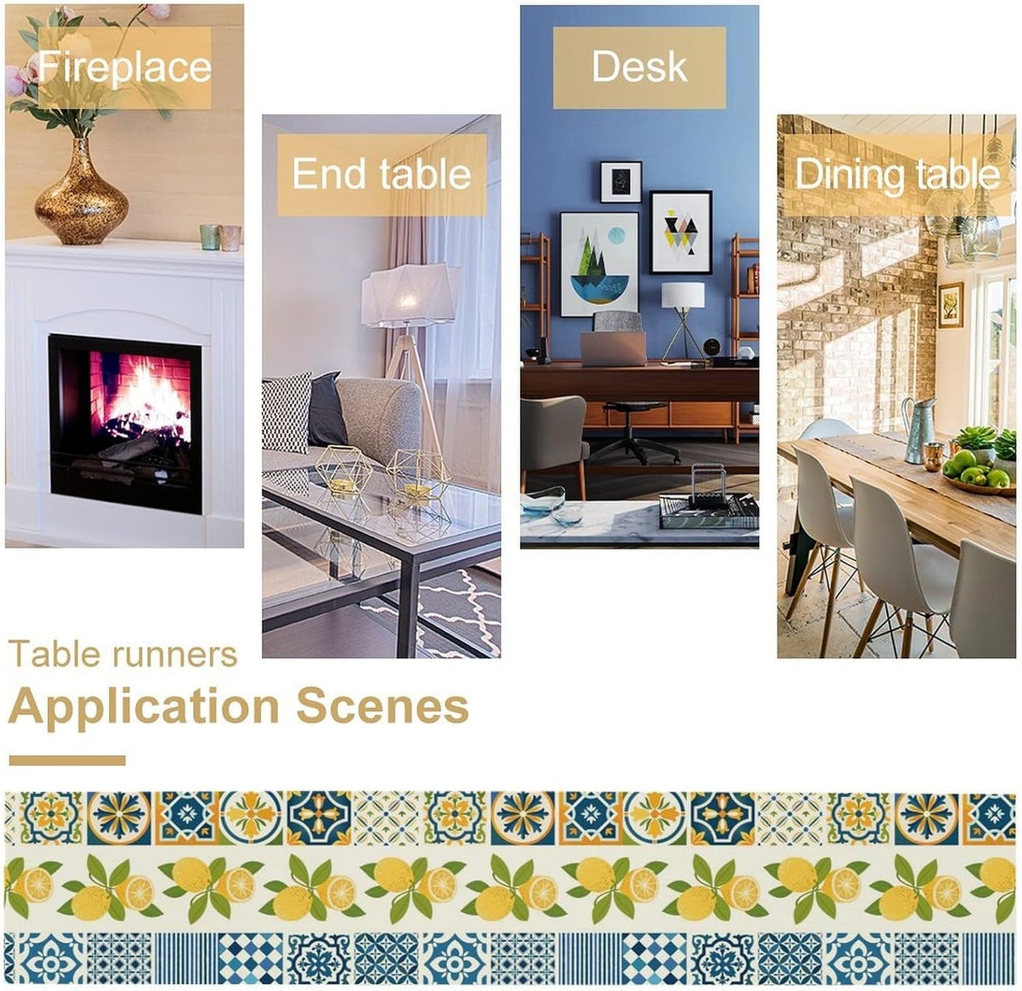 Lemon Table Runner,Watercolor Blue Fruits Green Leaves Print Table Cloth Kitchen Dining Table Home Party Decoration 13x120 Inch