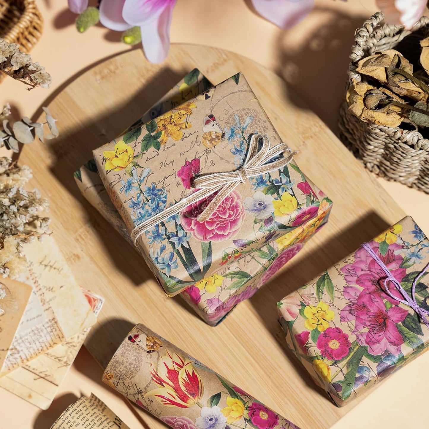 WRAPAHOLIC Kraft Floral Wrapping Paper Roll - Mini Roll - 17 Inch x 9.8 Feet - All Occasion Vintage Flower Wrapping Paper for Wedding Bridal Shower Birthday