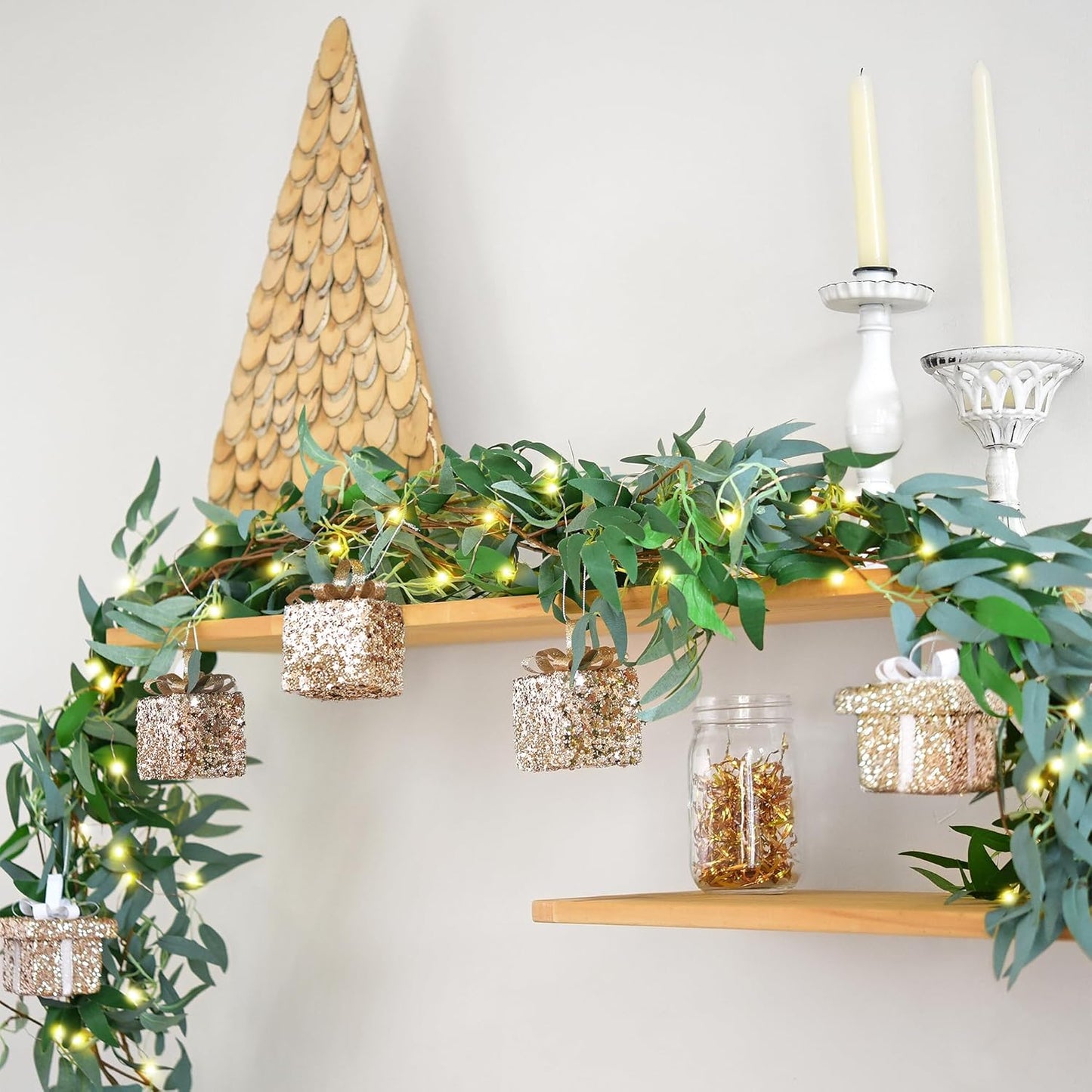 Artificial Willow Garland with Lights & Ornaments – 2-Pack Lighted Greenery Vine, Battery Fairy Lights with Remote & Timer for Mantels, Weddings, Fireplace, Holidays, Parties & Everyday Home Decor