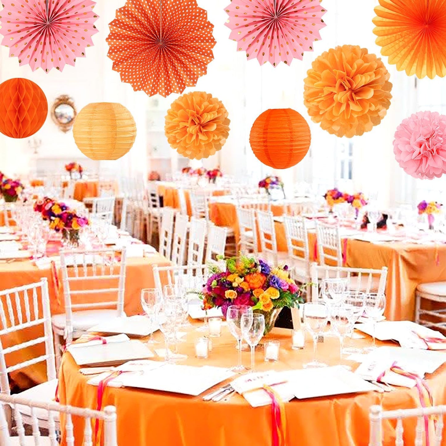 Pink-Orange Groovy Party-Decorations - 20pcs Fall Autumn Thanksgiving Harvest Paper Streamers Lanterns Fans,Tissue Pom Poms,Honeycomb Balls,Bunting,Birthday Baby Bridal Shower Wedding Decor Burgleda
