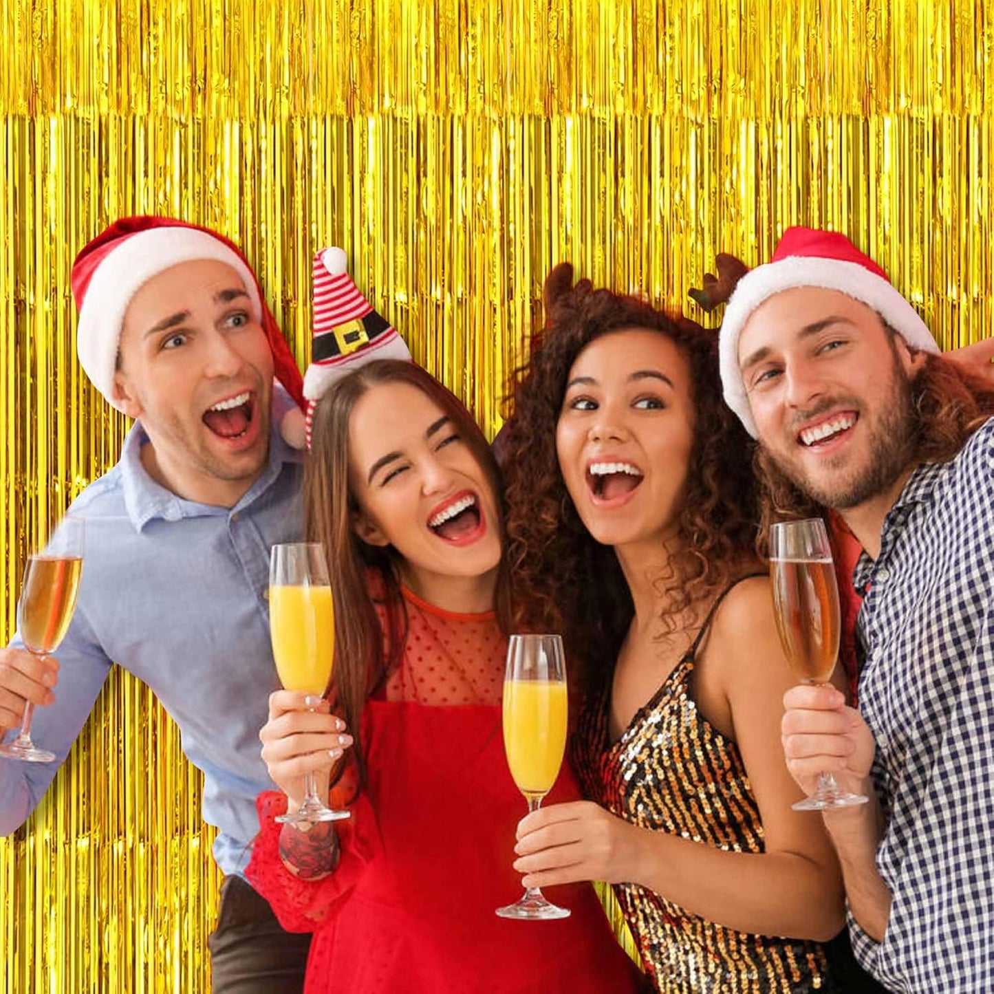 3 Pack Gold Foil Fringe Curtains Backdrop, 3.28 x 9.8 Ft Metallic Streamers Tinsel Curtains Background for Photo Booth, Birthday, Halloween, Christmas, Thanksgiving, New Year Party Decorations