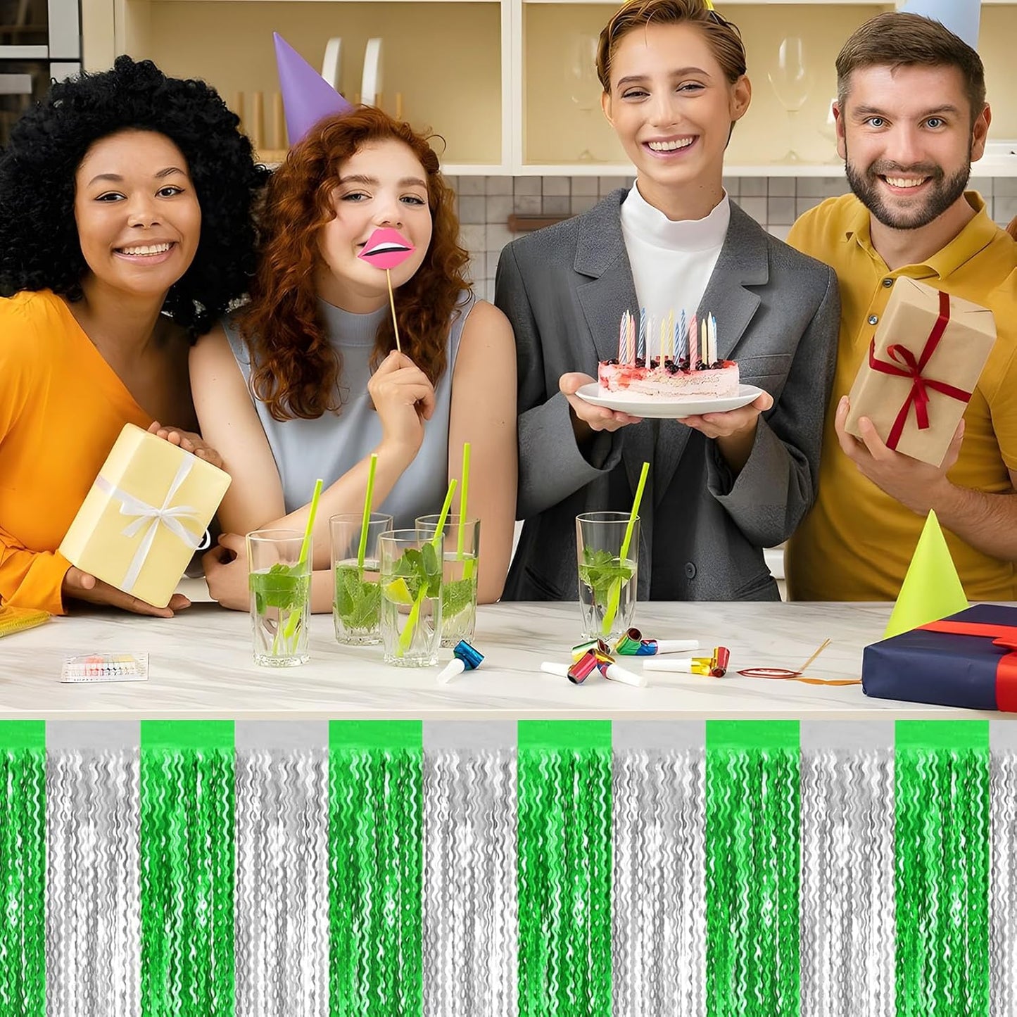 6 Pack 29x108 Inch Silver Green Wave Foil Fringe Table Skirts Metallic Banner for Tinsel Streamer Garland Backdrop for Parade Floats Wedding, Mother's Day, Birthday Mardi Gras Party Decorations