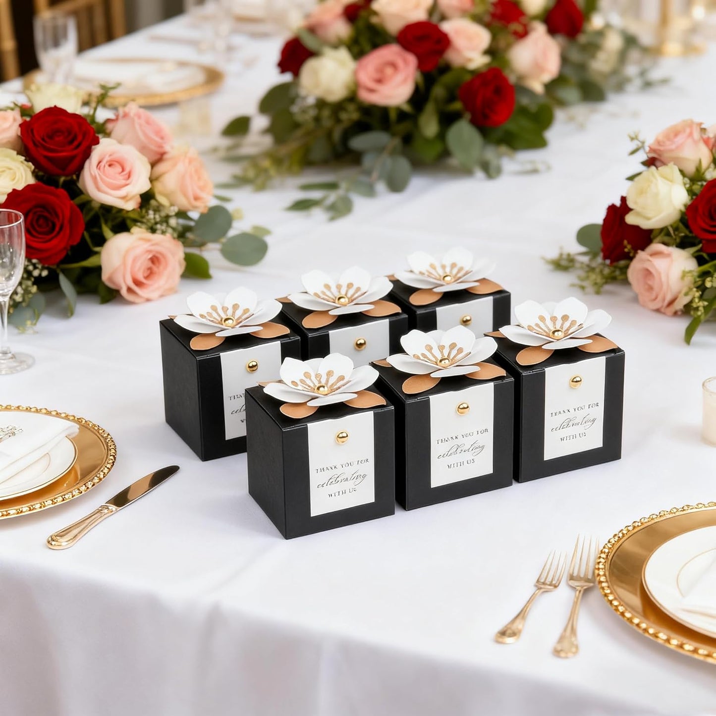 FEIYI 20 PCS Candy Boxes, 3 In 1 Black Favor Boxes with Floral Decor, White Thank You Tags Gift wrapping for Wedding Birthday Baby Shower Decorations Party -2.55x2.55x2.55''