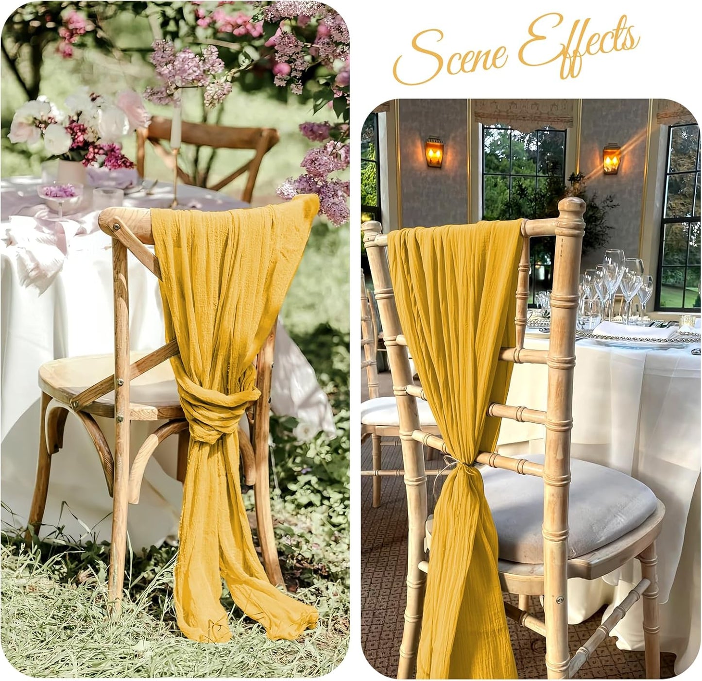 36 Pcs Mustard Yellow Cheesecloth Chair Sashes, 16 x 108 inch Gauze Fabric Washable Chair Sashes Bows Designed for Aisle Decorations Universal Chairs Cover Decor for Wedding Reception Party Banquet