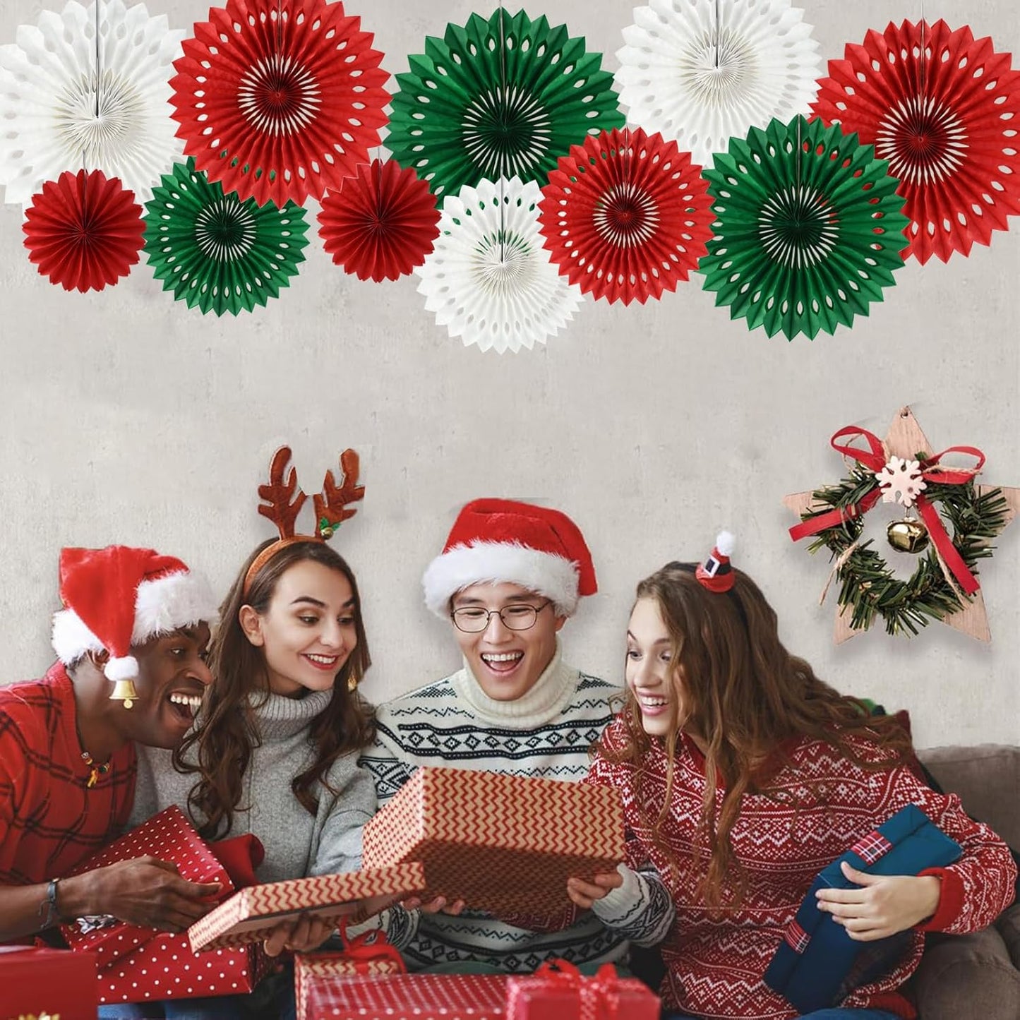 BEISHIDA Red Green White Hanging Tissue Honeycomb Round Paper Fans Decor Kit for Christmas Birthday Girl Kid Shower Bachelorette Wedding Backdrops Anniversary Party Supplies(11 Packs)