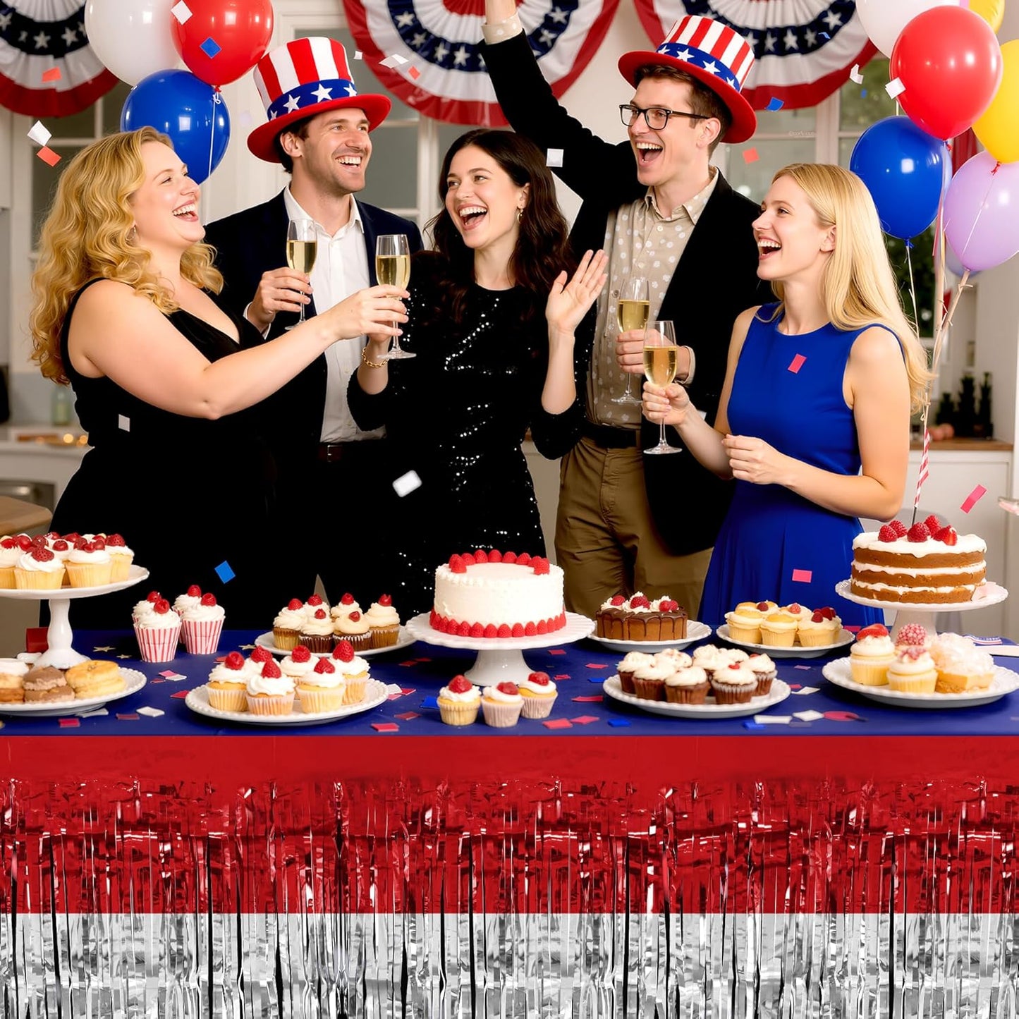 2 Pack Red&White&Blue Table Skirts, 29x108" Metallic Foil Tinsel Fringe Table Skirt for Rectangle Tables Streamer Curtains Backdrop, Party Decorations for Birthdays, Weddings, Holidays