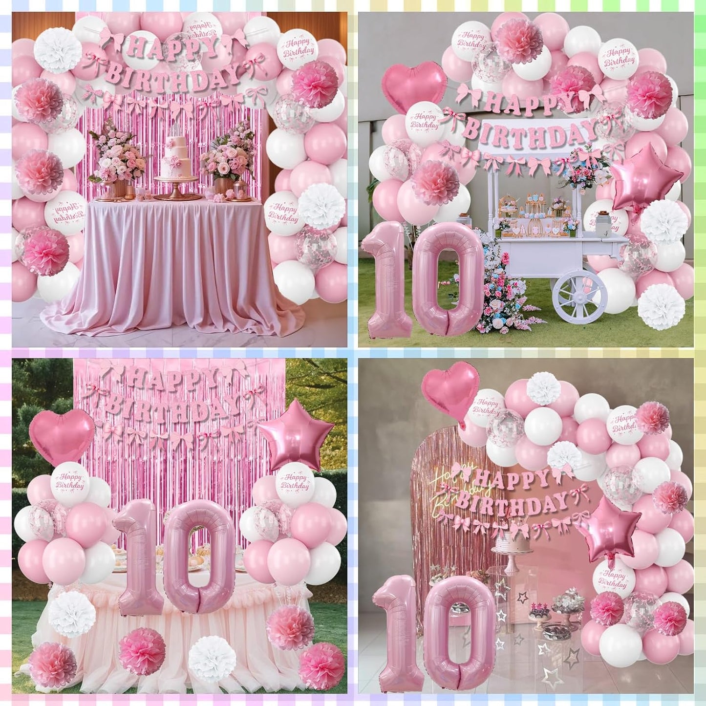 10th Birthday Decorations for Girls Pink Number 10 Balloon Bow Coquette Happy Birthday Banner Fringe Curtain Paper Pom Poms Star Heart Foil Pink White Balloons 10 Year Old Party Decor