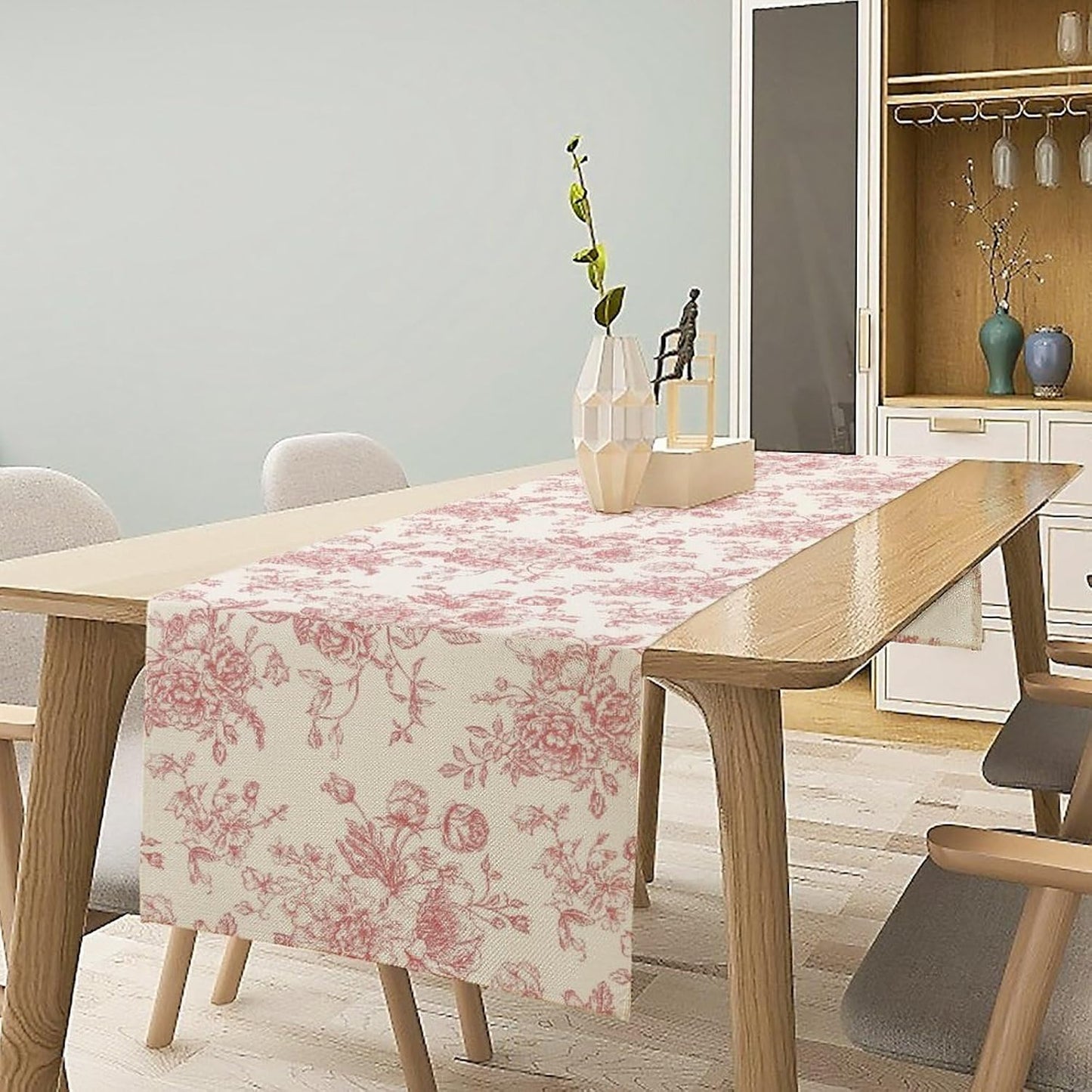 Pink White Flower Table Runner, Wildfloral Floral Sketch Pattern Print Kitchen Dinning Table Runner for Indoor Outdoor Home Wedding Party Holiday, 13x108 Inch