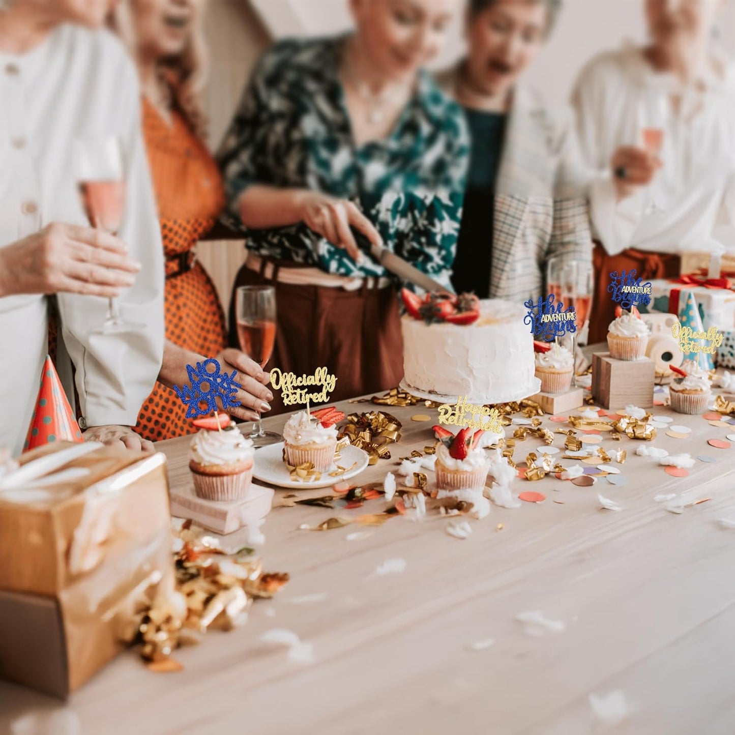 24Pcs Happy Retirement Cupcake Toppers Officially Retired Cake Toppers No Work Zone Adventure Begins Cupcake Picks Retirement Theme Farewell Birthday Party Decorations Supplies Gold Blue