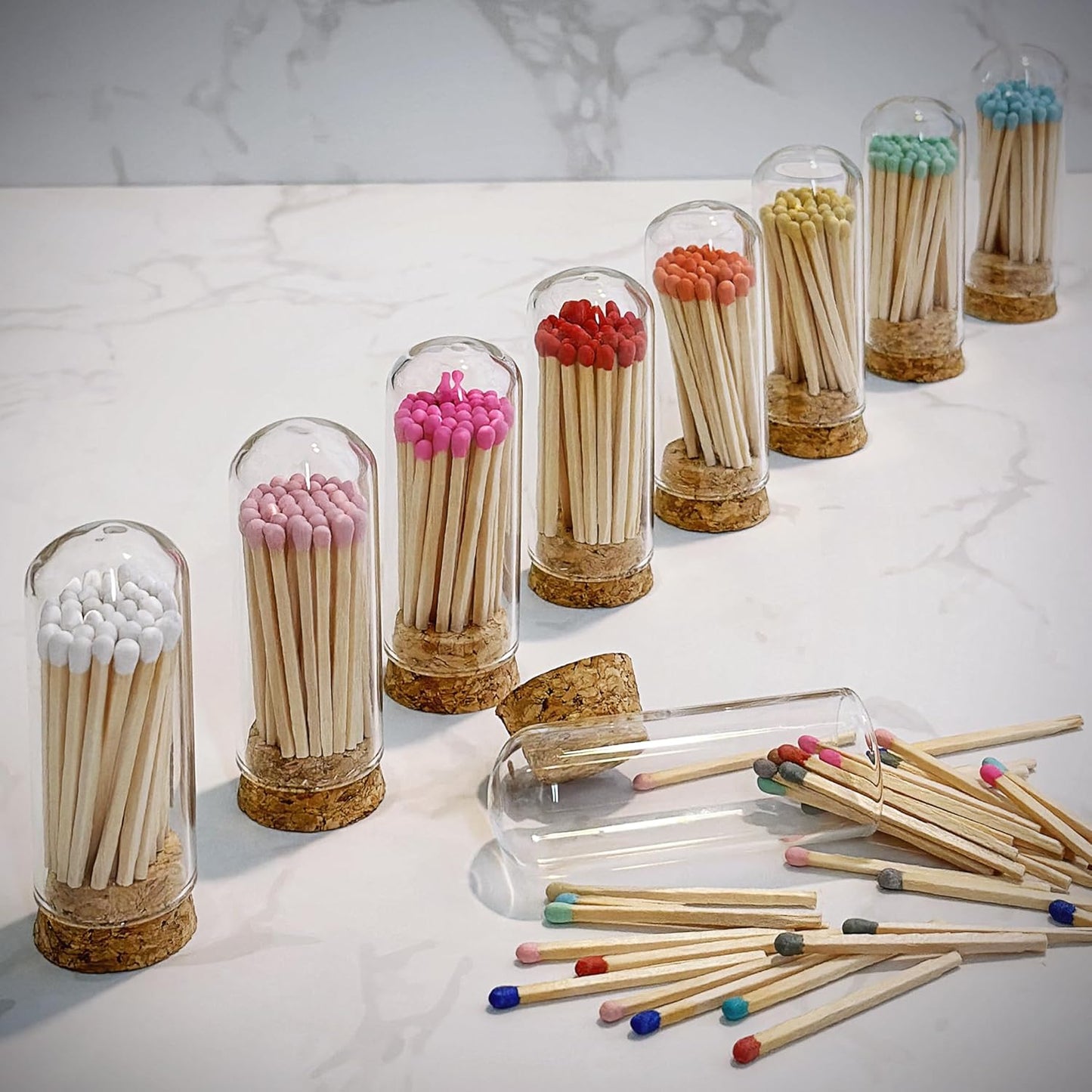 2" Matches in 3 Mini Glass Cloche Jars + Striker Stickers Included | 100 Matchsticks Color of Your Choice | Decorative Safety Matches w/a Dome Glass Holder | Gifts & Home Decor by Thankful Greetings
