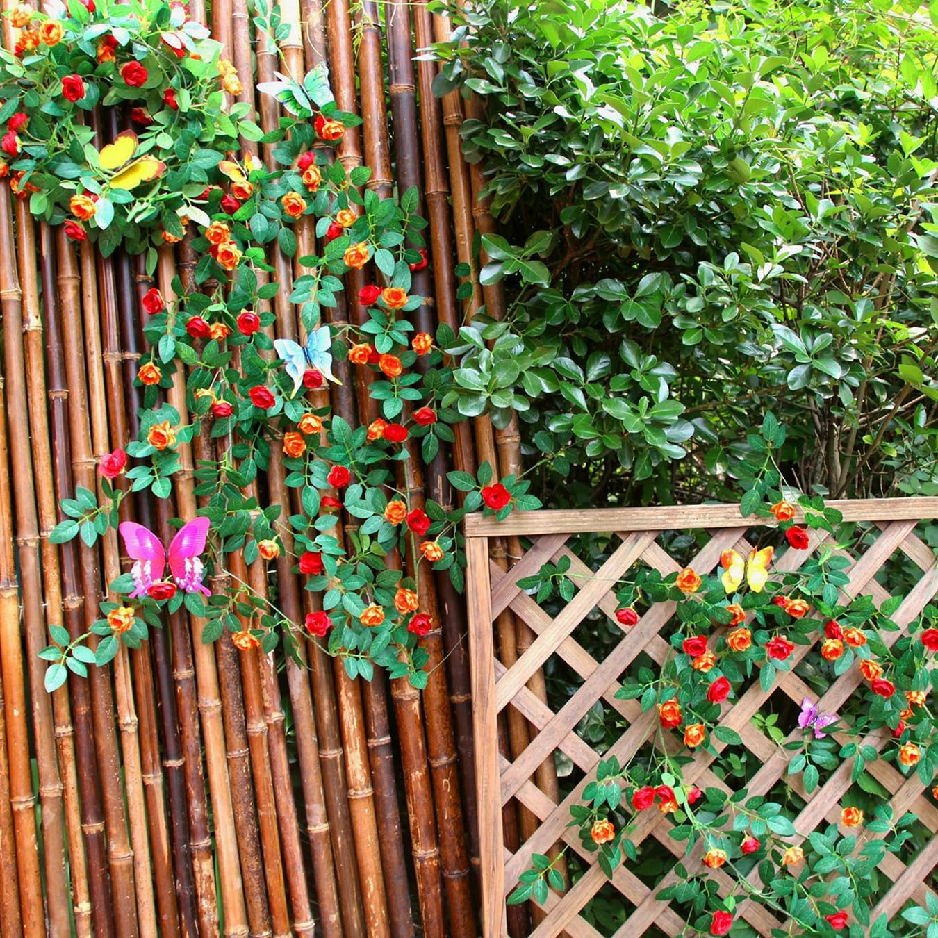 6FT Bendable Rose Vine with Butterflies, Wildflower Garland Hanging Floral Garland for Wall Decor Trellis Fence Home Room Decoration (Orange, 2pcs)