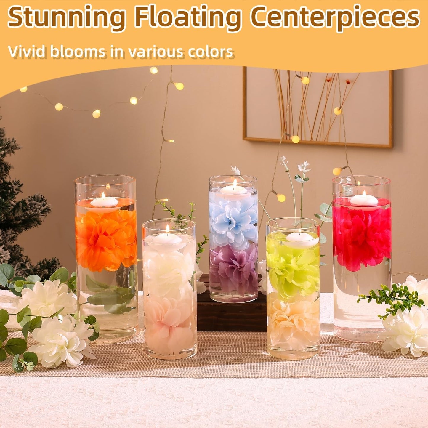 24 Pcs Floating Candles for Centerpieces and Floating Flowers Artificial Flowers Head Vase Filler for Party Home Table Wedding Centerpieces Decoration (Green)