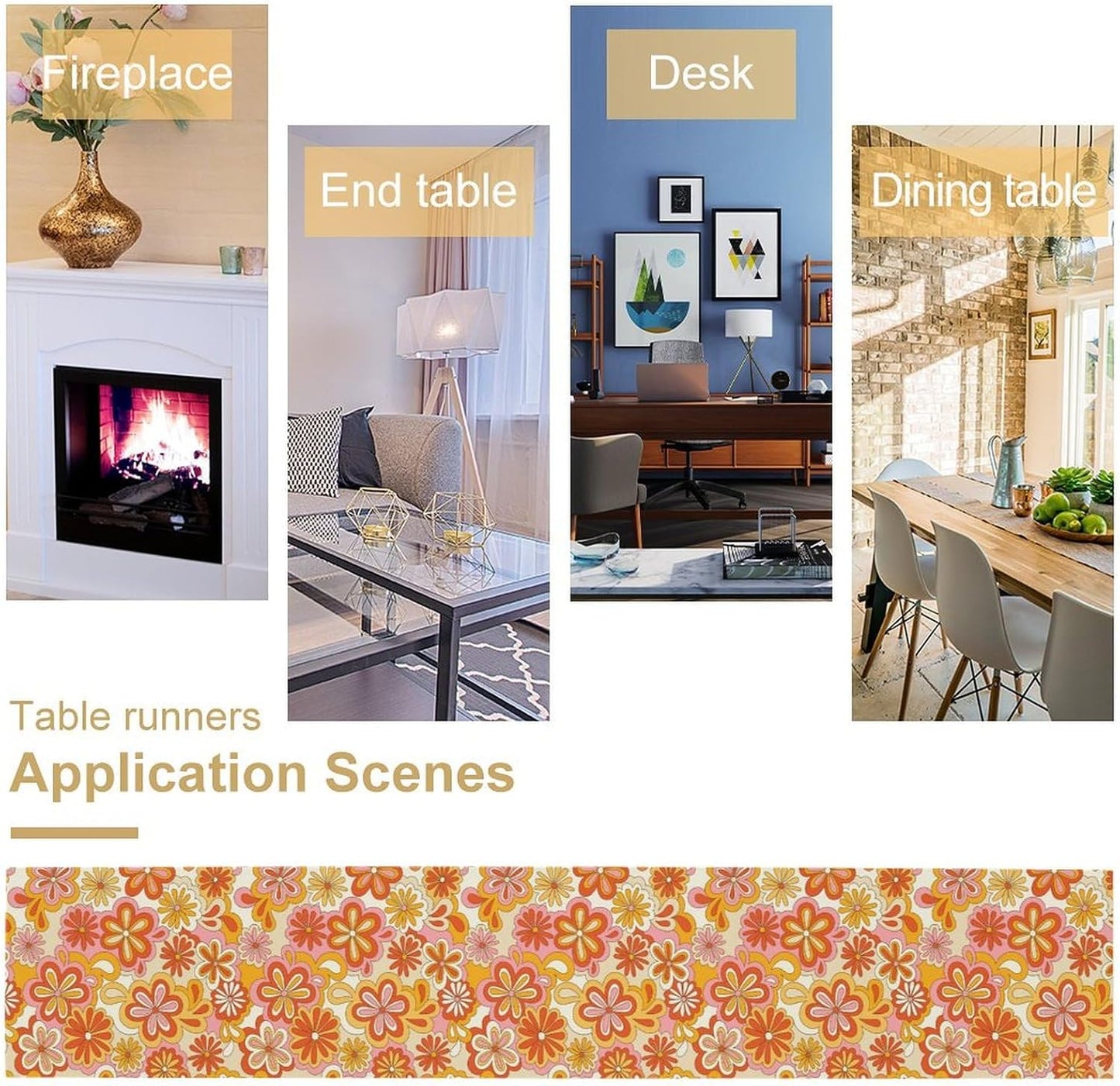 Vintage Floral Table Runner,70s Style Retro Daisies Flower Hippie Table Runner for Kitchen Dining Table Home Party Decoration 13x72 Inch