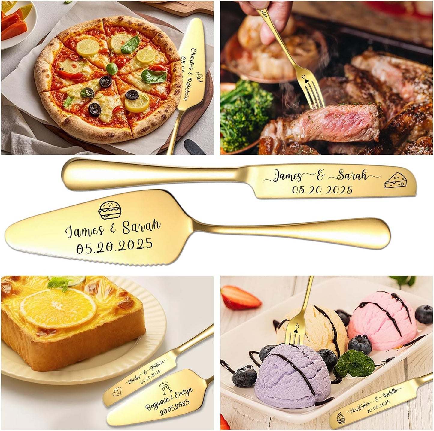 Custom Wedding Cake Knife and Server Set Personalized Cake Cutter with Engraved Text Bridal Cake Cutting Set with Gift Box for Weddings Anniversary Birthday (Gold - with fork)