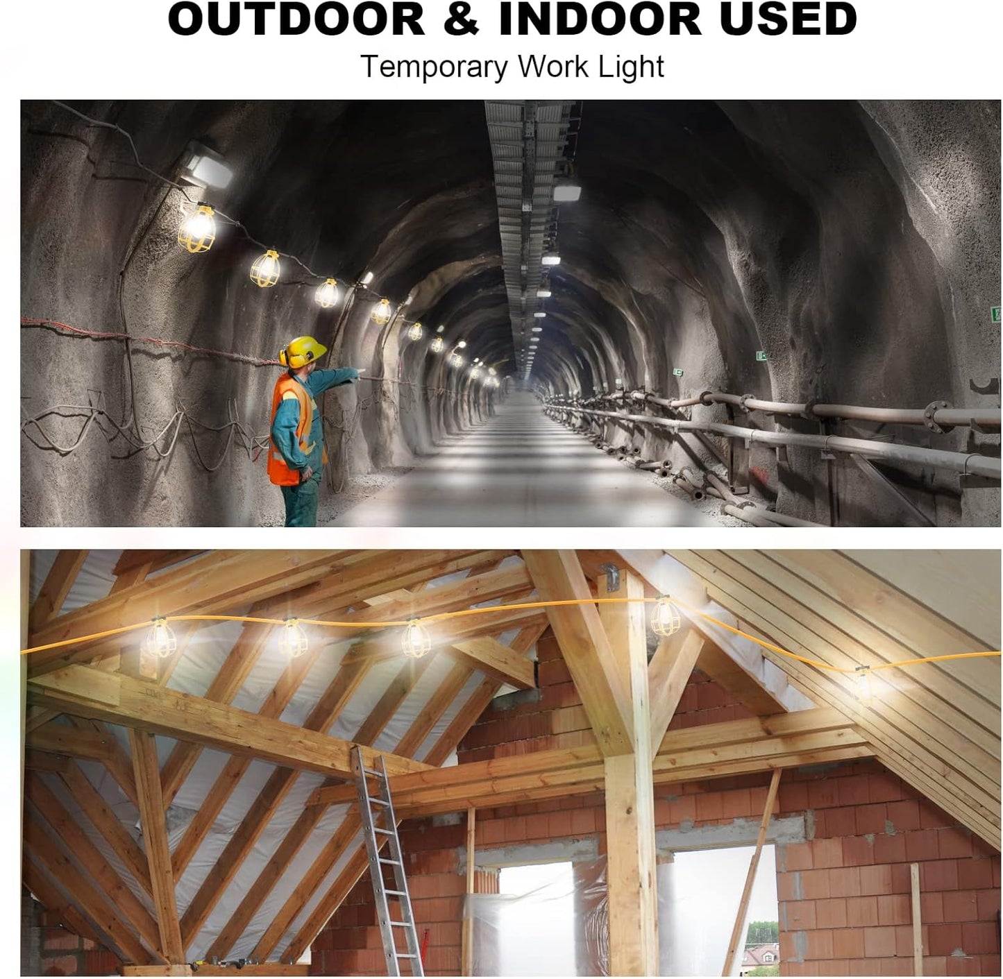 50FT Construction String Lights, 50W 5 Bulbs Work Lights with E26 Base, IP65 Waterproof, 4000LM 6500K Indoor & Outdoor Temporary Lighting for Workshop, Mine cave, Job Site