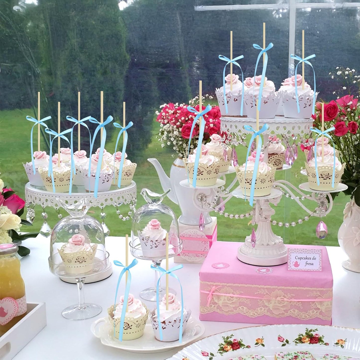 Ephlyn 30Pcs Bow Cupcake Toppers Valentine's Bowknot Ribbons Coquette Bow High Footed Cup Balloon Wall Party Decorations Cake Dessert Picks Baby Girl Birthday Wedding Party Supplies Lake Blue