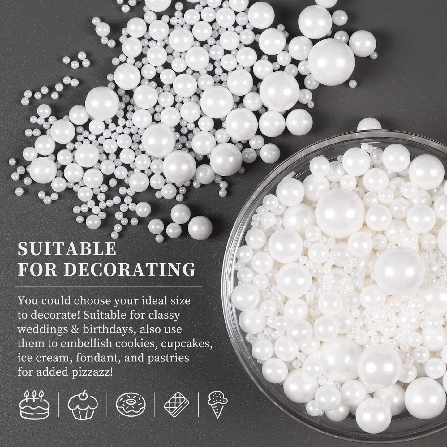 Edible Pearls for Cake Decorating, White Sprinkles, White Pearl Sprinkles for Cookies, Macaron, Cake, and Chocolate, Perfect for Weddings, Holidays, and Easter.120g(4.23oz)