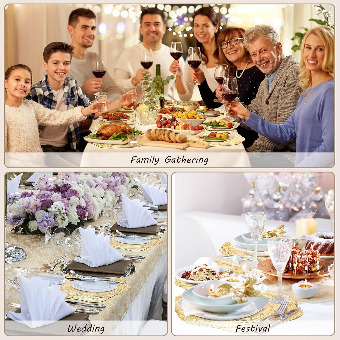 Sieral 12 Set 15 Inch Round Pressed Vinyl Placemats Hollow Out Rose Placemat Set Metallic Slip Resistant Place Mat Coaster Including Place Mats and Coasters for Wedding Dining Kitchen (Gold)