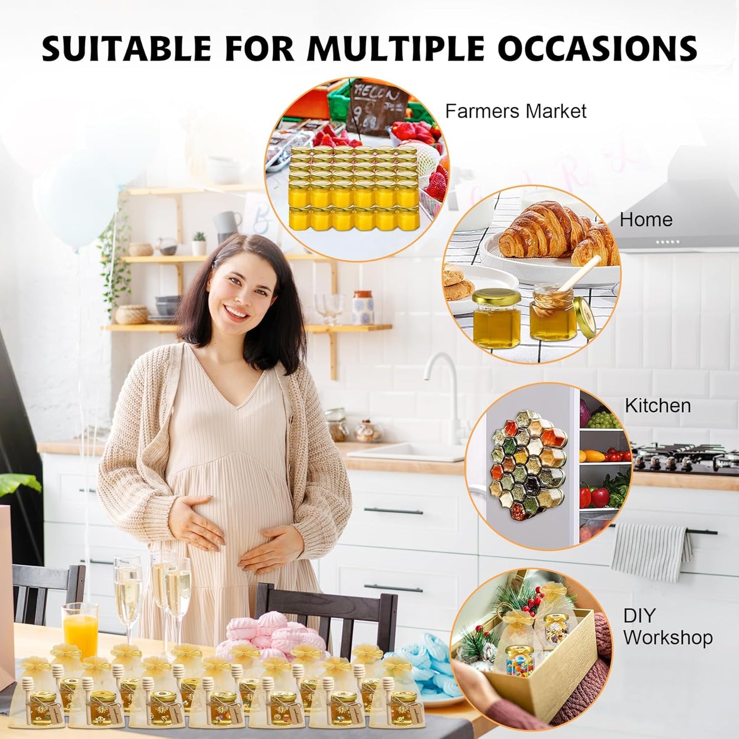 144Pcs 1.5 oz Mini Hexagon Glass Honey Jars with Dippers, Gold Lids, Bee Stickers, Bee Charms, Gift Bags & Jute–Empty Small Honey Jars for Party Favors Bulk, Ideal for Baby Showers & Weddings