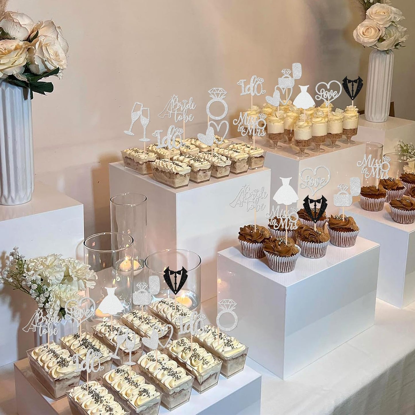 30 PCS Bride to Be Cupcake Toppers Glitter Wedding Cupcake Decorations I Do Love Heart Ring Miss to Mrs Cupcake Picks for Wedding Engagement Bridal Shower Party Cake Decorations Supplies Silver