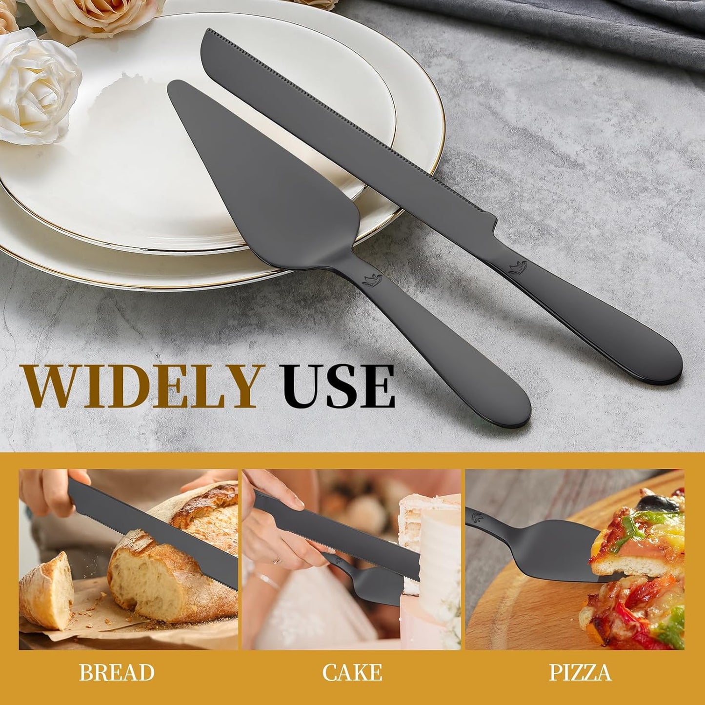 Cake Cutting Set for Wedding - Extended Cake Knife and Server Set Thickened Stainless Steel 13.0" Cake Cutter 10.49" Pie Spatula Great for Birthday Anniversary Christmas Gift 2 Pcs Matte Black