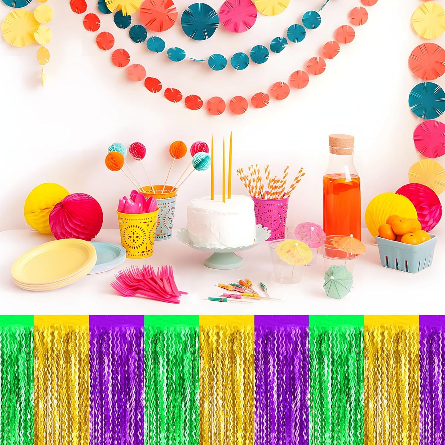 6 Pack 29 x108 Inch Gold Green Purple Wave Foil Fringe Table Skirts Metallic Banner for Tinsel Streamer Garland Backdrop for Parade Floats, Mother's Day, Easter, Wedding, Birthday Party Decoration