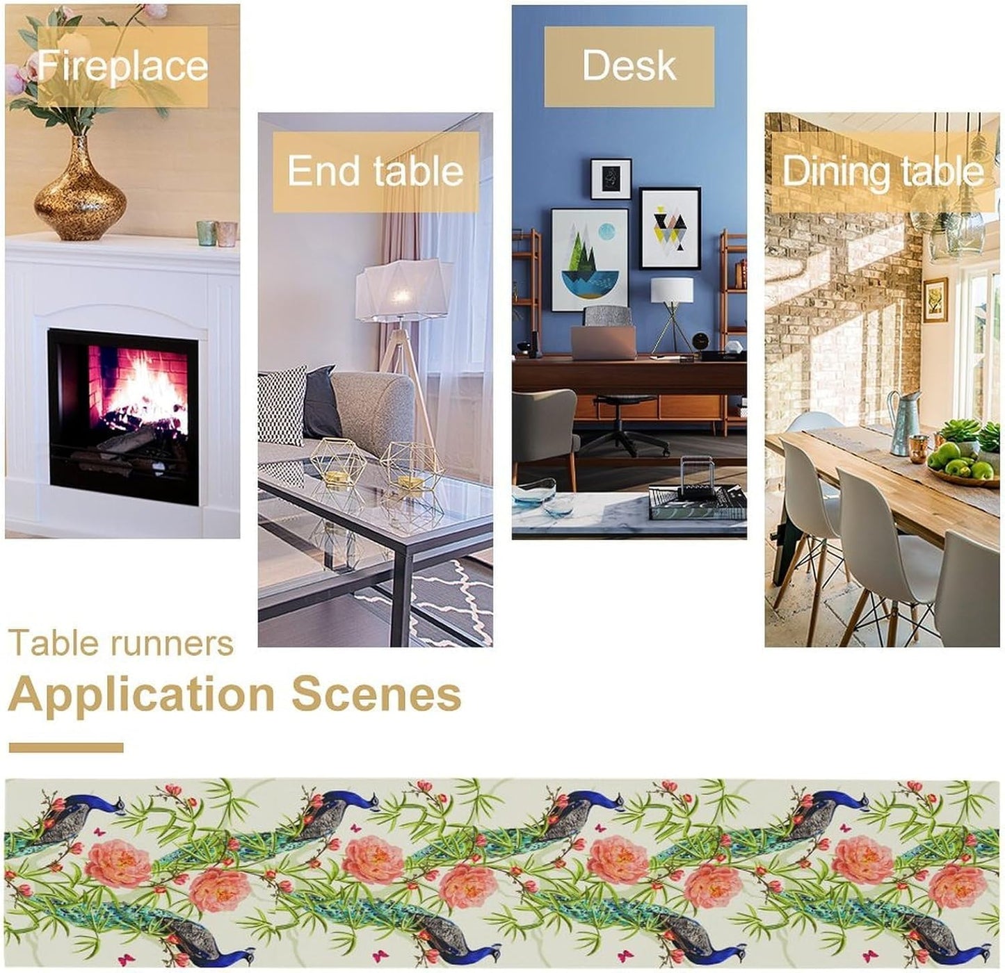 Peacock Table Runner,Seasonal Flower Plants Peacock Birds Table Runner for Home Kitchen Dining Party Indoor Outdoor Decoration 13x60 Inch