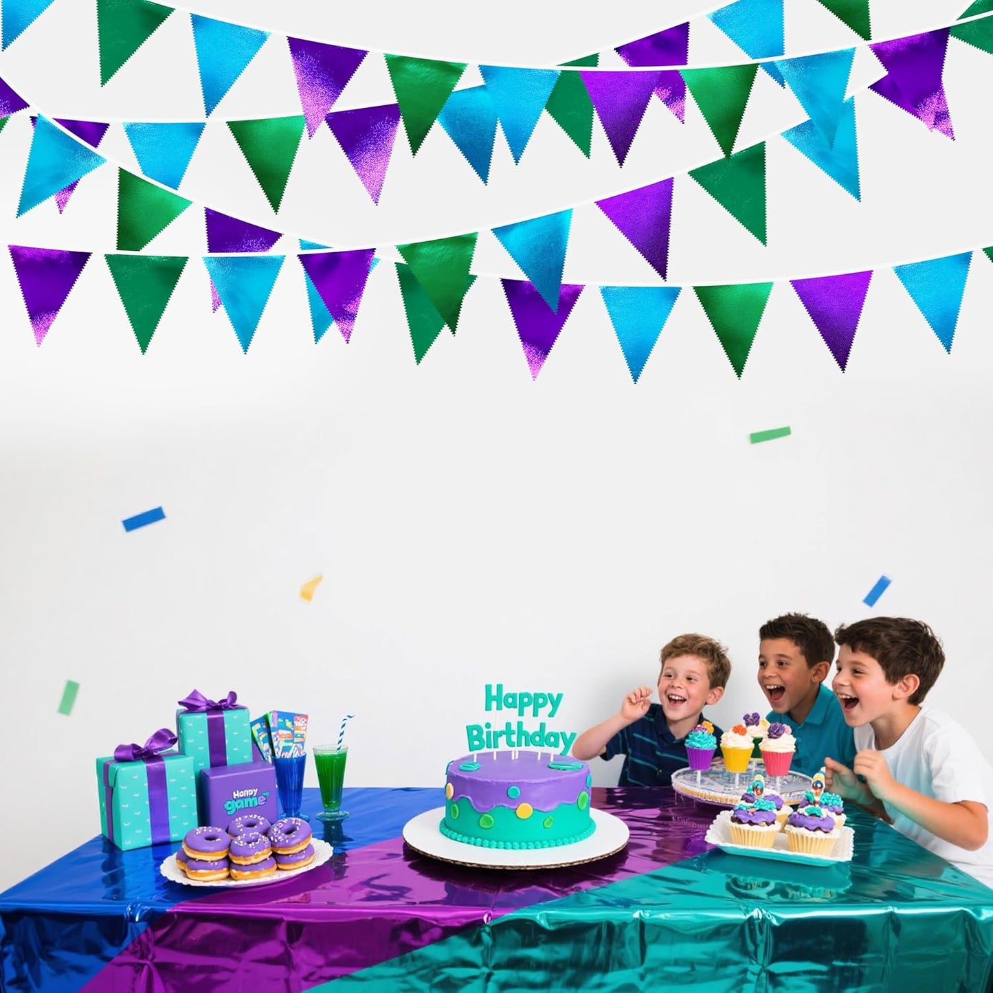 Blue Green Purple Party Decorations Metallic Fabric Triangle Pennant Banner Flag Bunting for Men Boys Video Game Theme Birthday Graduations Retirement Wedding Bachelor Baby Shower Party Supplies