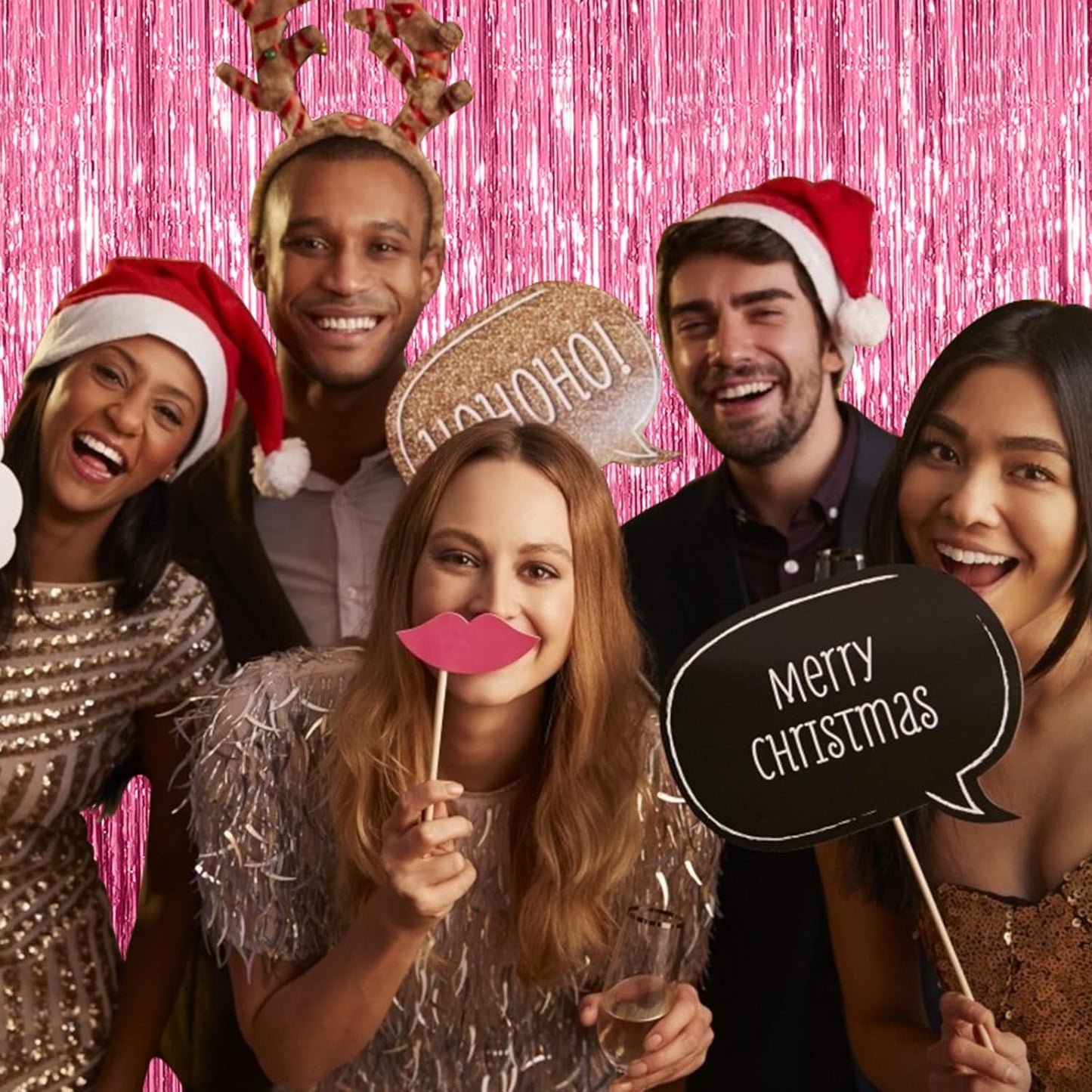 5 Pack Foil Curtain Backdrop Pink Metallic Tinsel Foil Fringe Curtains Photo Booth Props for Birthday Wedding Engagement Baby Shower Bachelorette Christmas Holiday Celebration Party Decorations