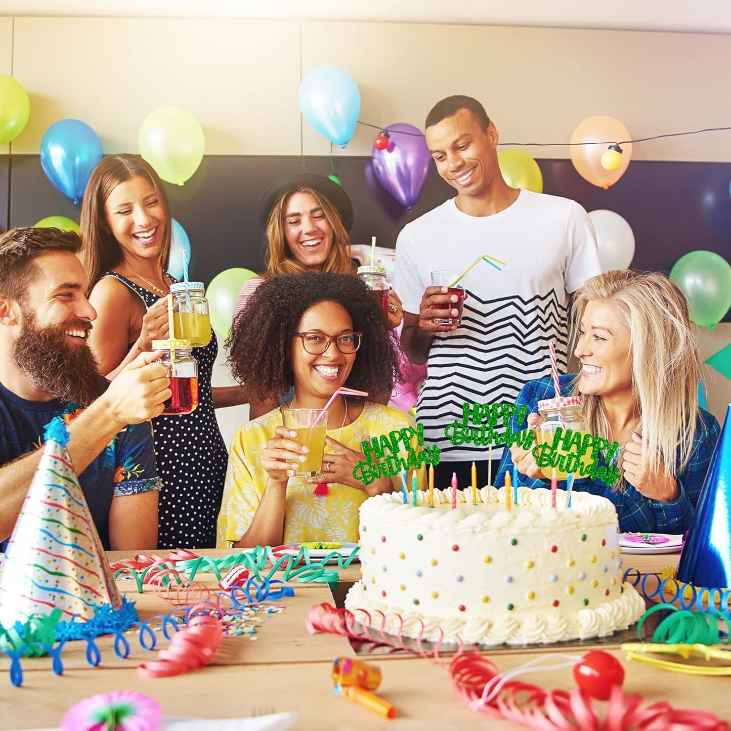 Gyufise 24 Pcs Happy Birthday Cupcake Toppers Glitter Cupcake Food Picks for Celebrating Theme Party Cake Decorations Supplies Green