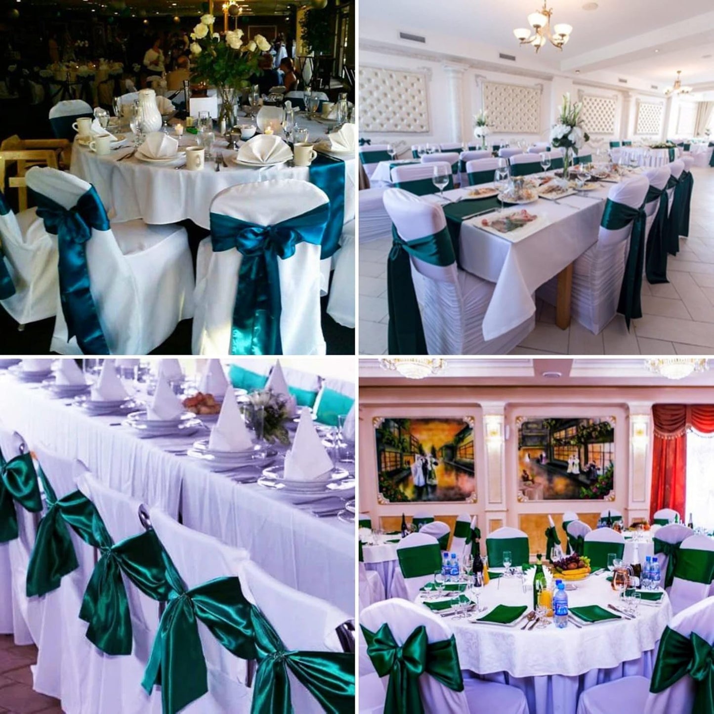 100 PCS Satin Chair Sashes Decorative Bows Universal Satin Chair Sashes Ties Ribbon Bow Chairs Cover Band for Wedding Birthday Party Ceremony Reception Banquet Restaurant Decor(7x108inch,Forest Green)