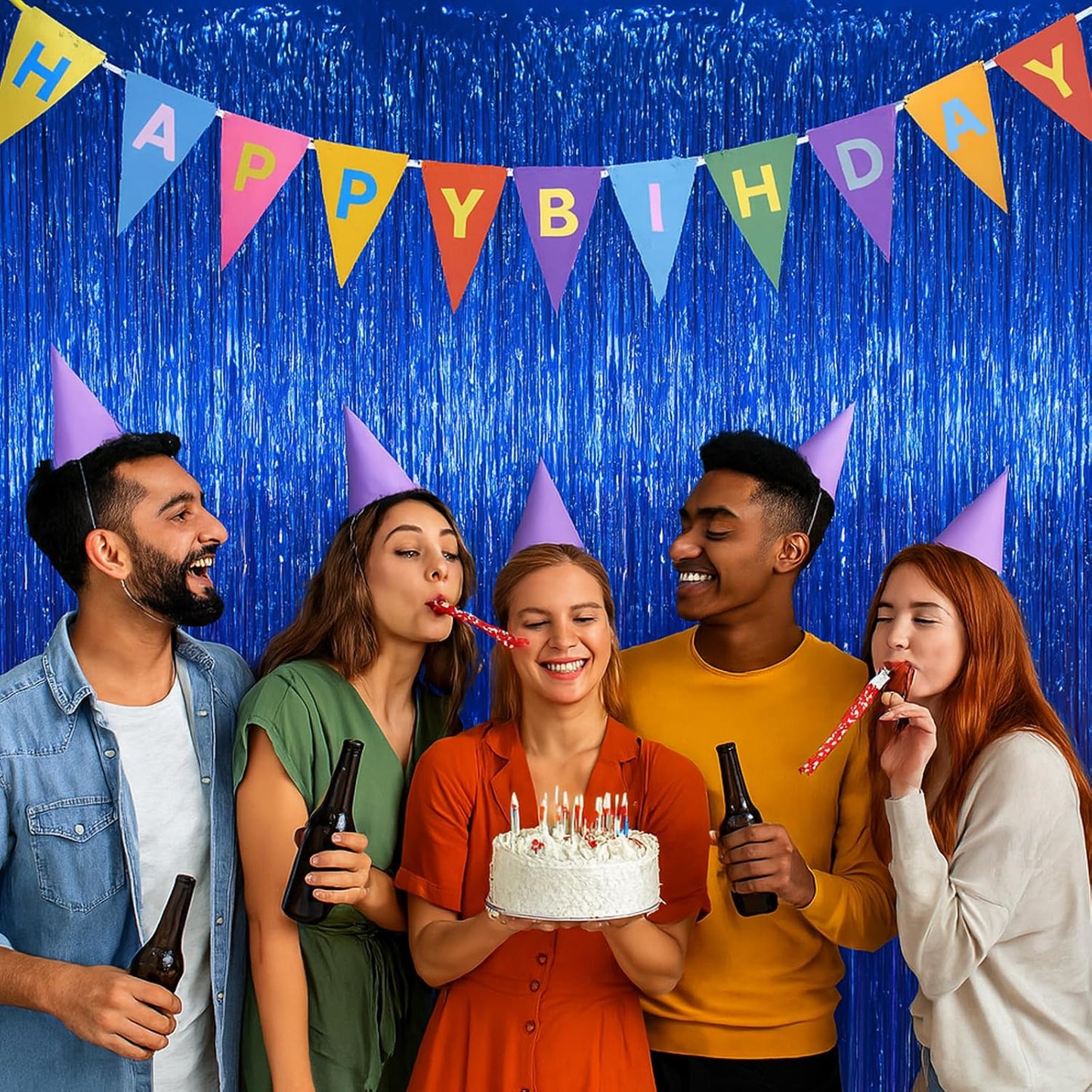 3 Pack 3.3x8.2 Feet Blue Foil Fringe Backdrop Curtains, Tinsel Streamers Birthday Party Decorations, Fringe Backdrop for Graduation, Baby Shower, Gender Reveal, Disco Party