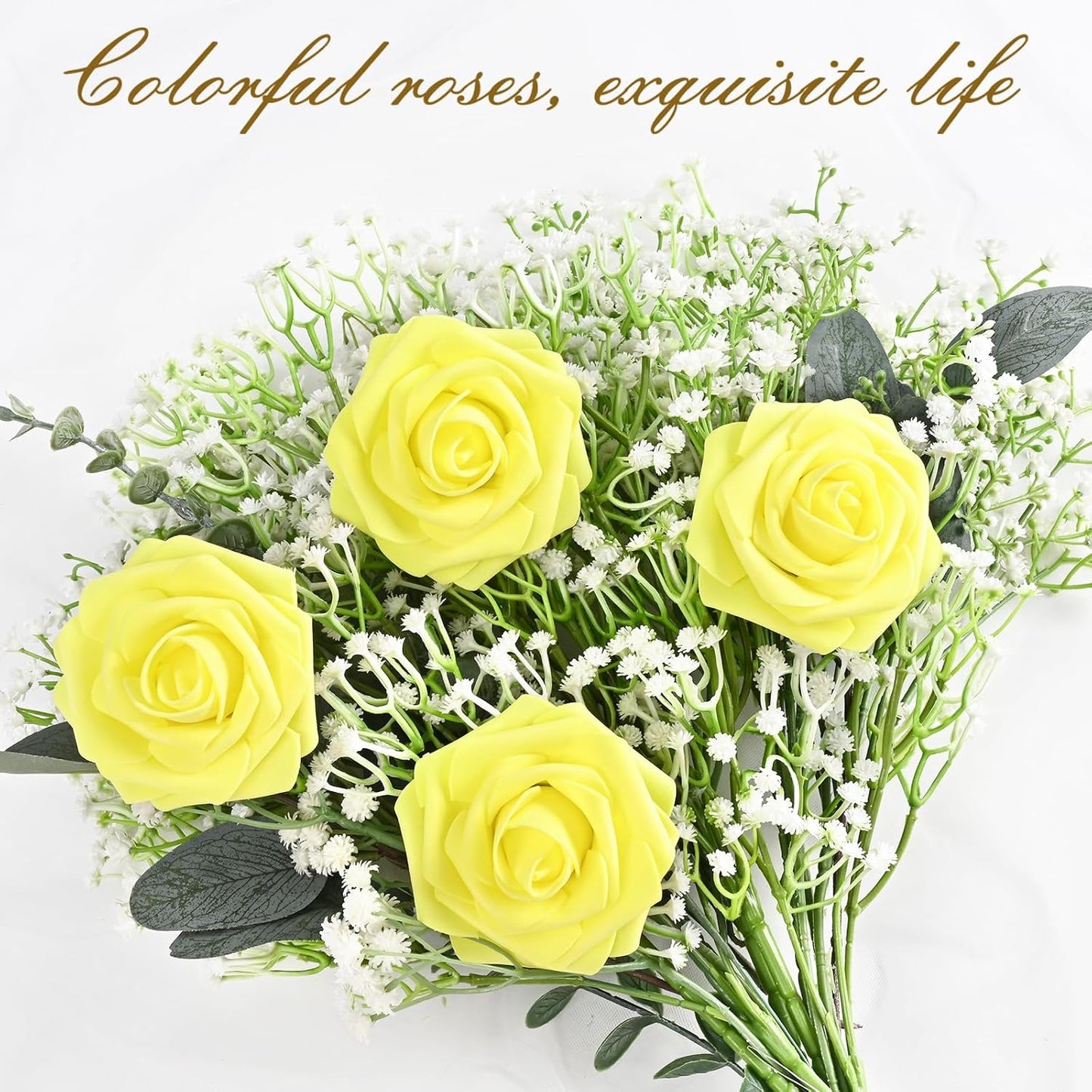 BLEUM CADE 36Pcs Artificial Flowers Fake Roses with Stems, Yellow Boxed Foam Roses for DIY Bouquets Centerpieces Wedding Party Arrangement Bridal Shower Decor