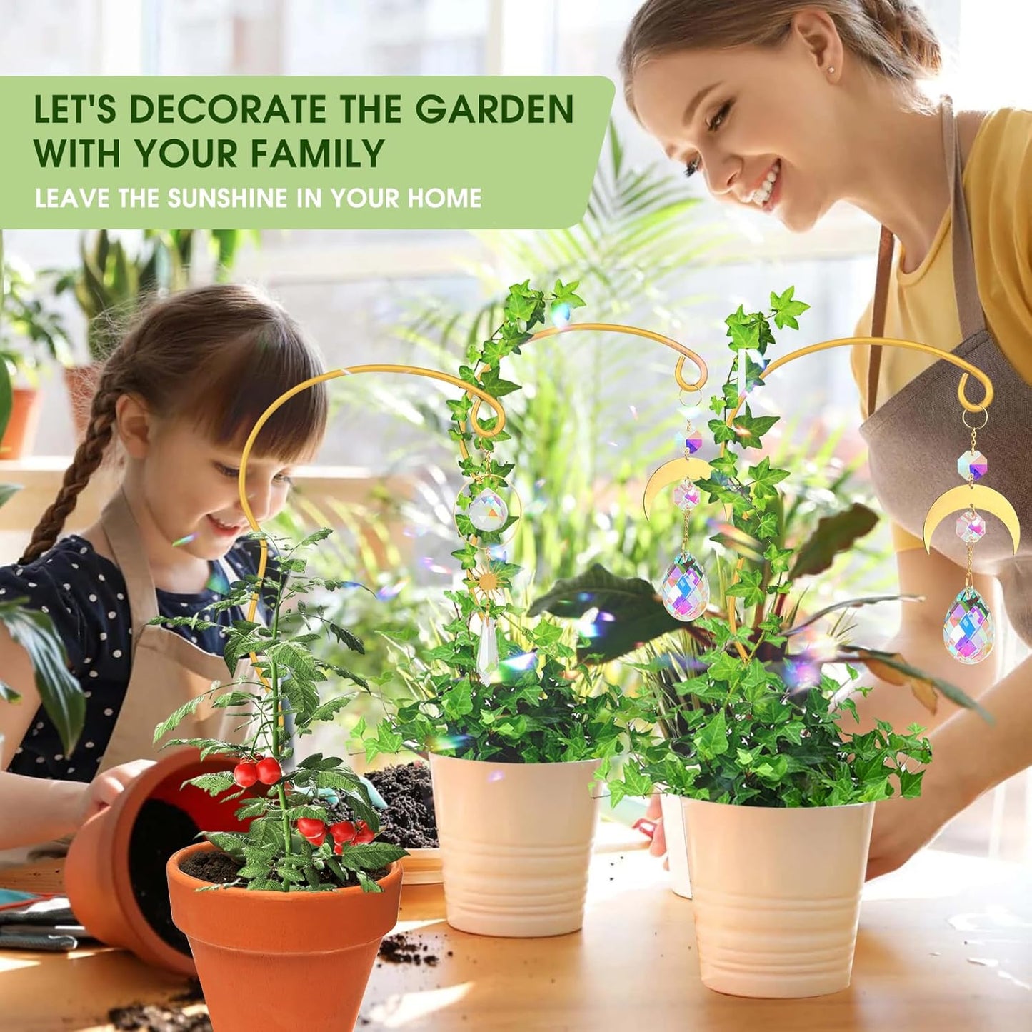 Plant Trellis for Potted Plants with Colorful Crystal Sun Catcher, 17.5 Inch Metal Plant Stakes for Indoor,Plant Accessories Indoor for Home Garden,Plant Lover Gift (Gold)