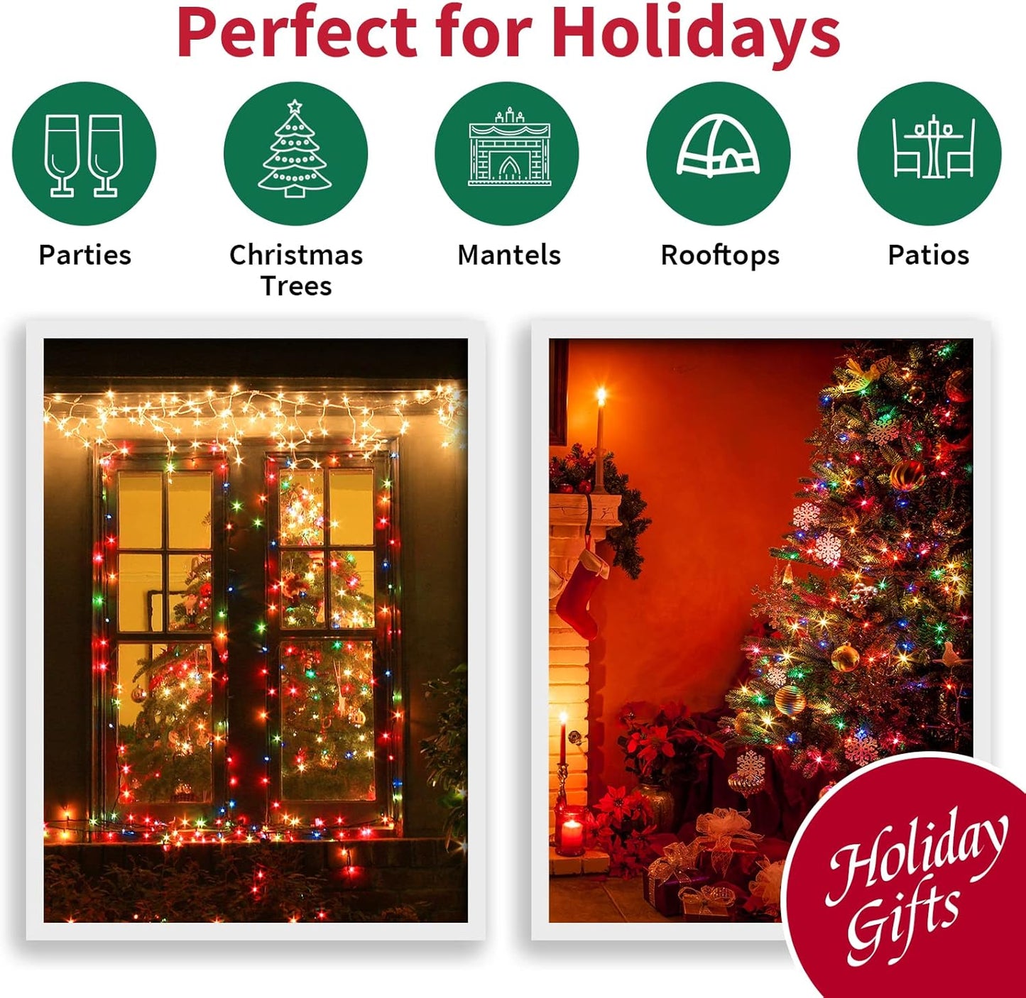 Multicolor Wide Angle LED Christmas Lights, 64.8 Ft 300 Count, Pack of 3 Strands 21.9 Ft 100 Lights UL Certified Commercial Grade Green Wire 5mm Holiday String Light