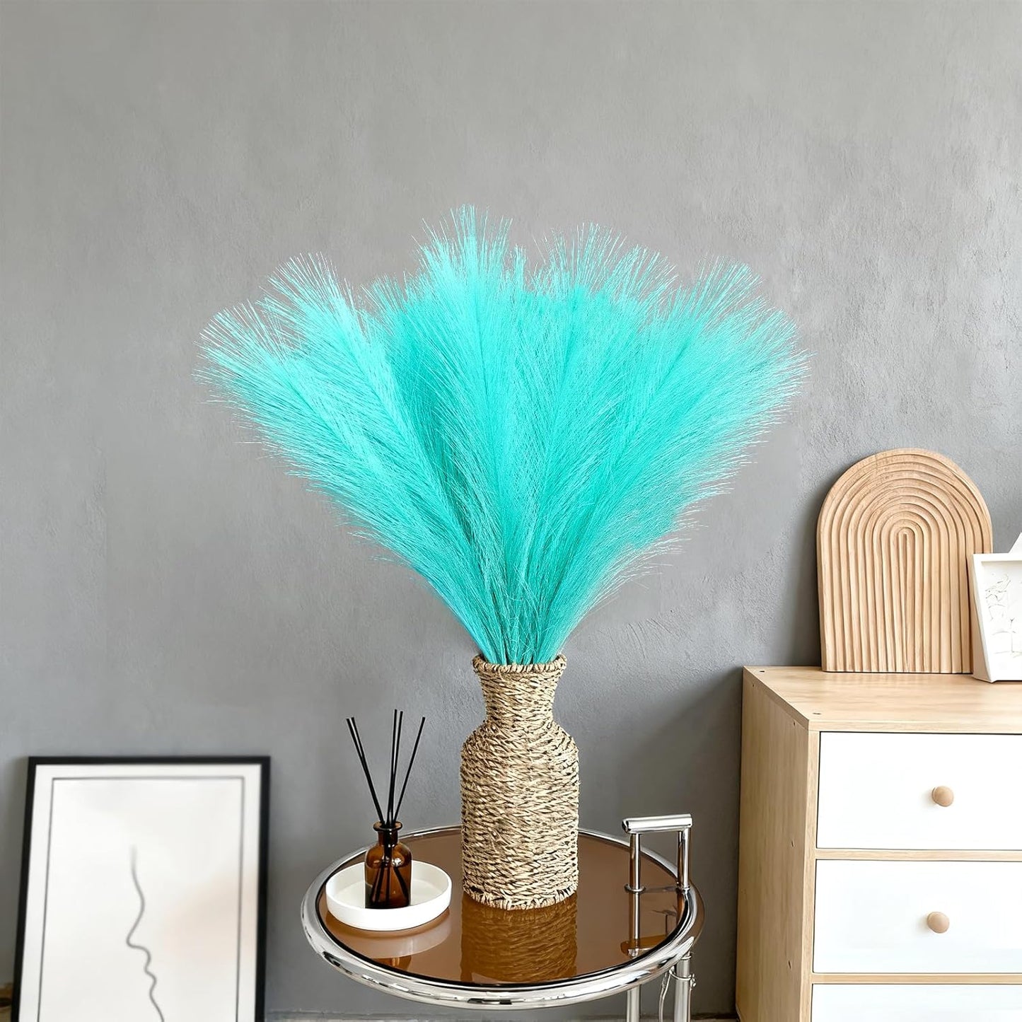 50pcs Faux Pampas Grass, 21.6" Short Artificial Pompous Grass Branches for Vase Filler Home Table Centerpieces Wedding Decor (Sky Blue)