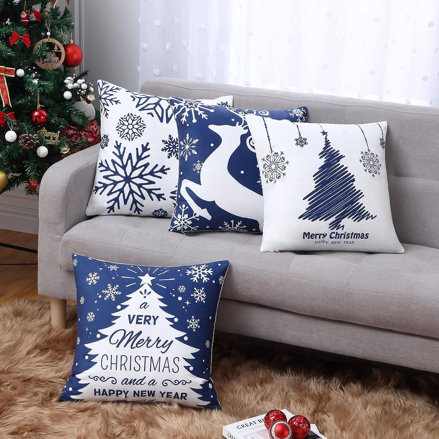 NANAN Christmas Pillow Covers 18X18 Inch Set of 4 Navy Blue Christmas Pillow Cases Snowflake Merry Christmas Holiday Pillowcases Xmas Trees Elk Deer Decorative