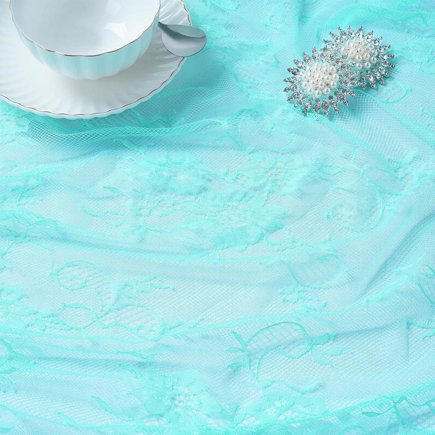 LuoluoHouse Lace Tablecloth Rustic Table Fabric Blue 60x120 Inch for Boho Wedding Bridal Shower Party Decoration Rectangle Overlay Long Vintage Embroidered Reception Table Cloth Decor