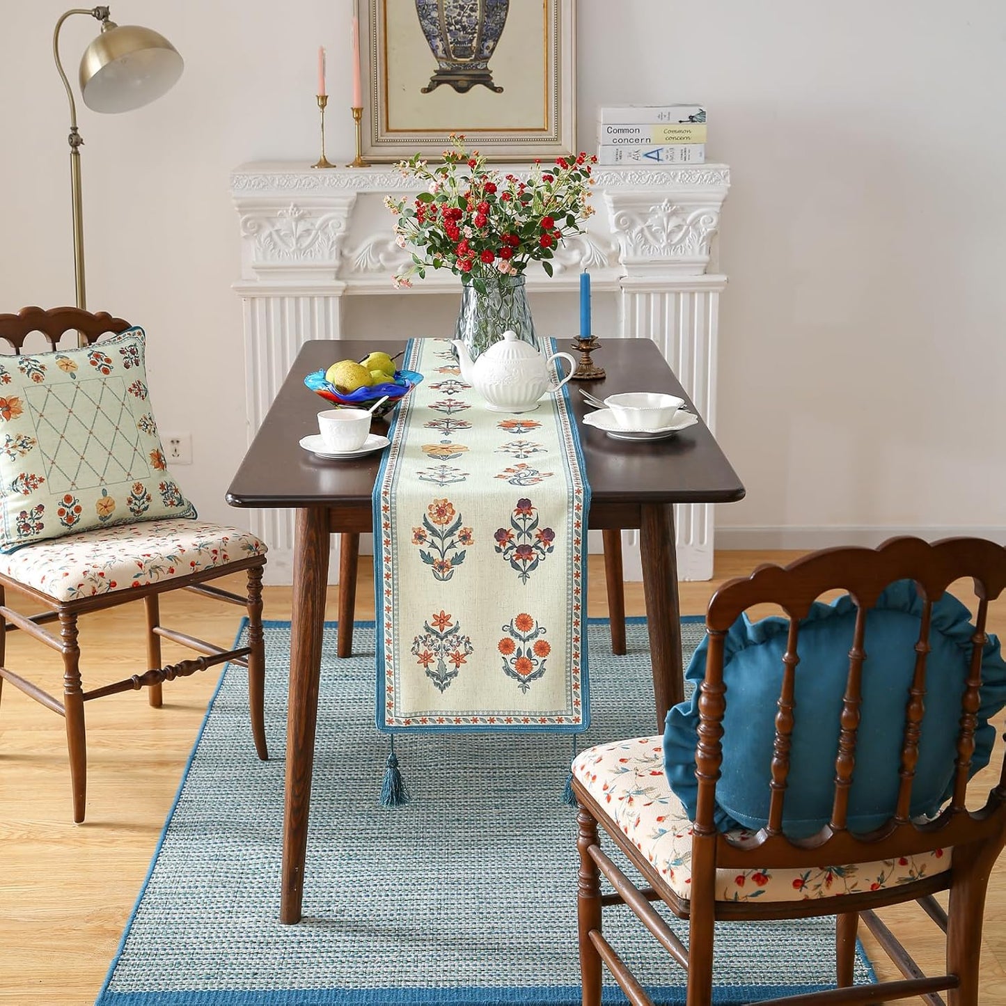 ISAENNE Designer Light Green Linen Table Runner 87 Inches Long,French Floral Patterns Elegant Table Runner for Dining Tables,Thanksgiving,Kitchen Tables,Christmas,12"*87"-Floralsea B