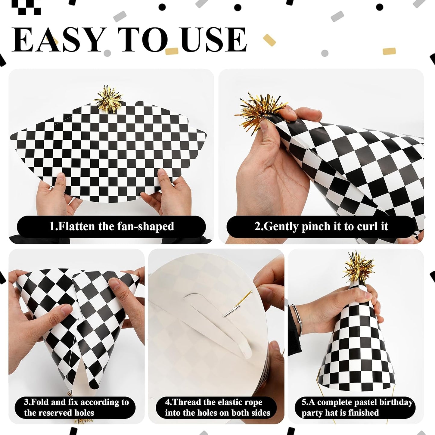 48 Race Car Birthday Party Hats Race Car Party Supplies Include Black White Checkered Cone Hats Gold Noise Makers