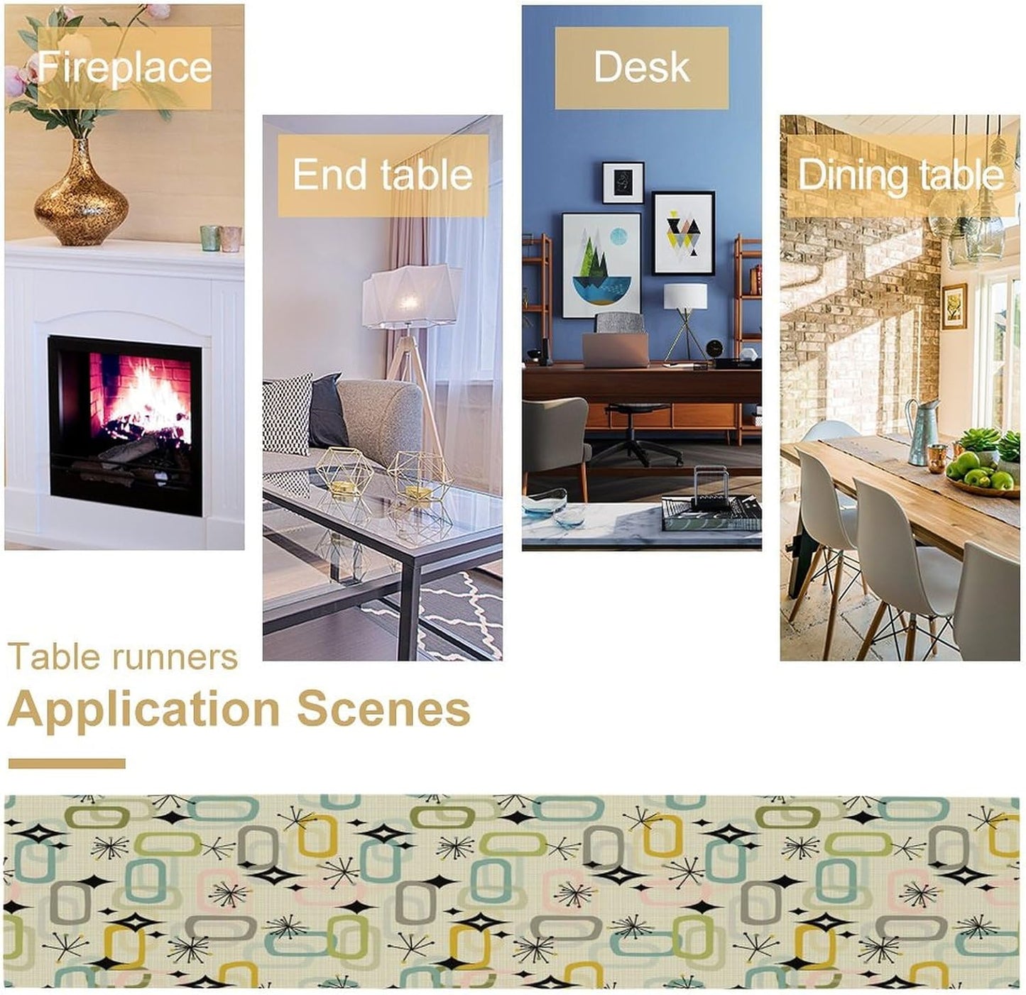 Mid Century Table Runner, Flag Retro Atomic Starburst 1950s Abstract Geometric Space Tabletop Decoration for Home Kitchen Restaurant Table Flag 13x60 Inch