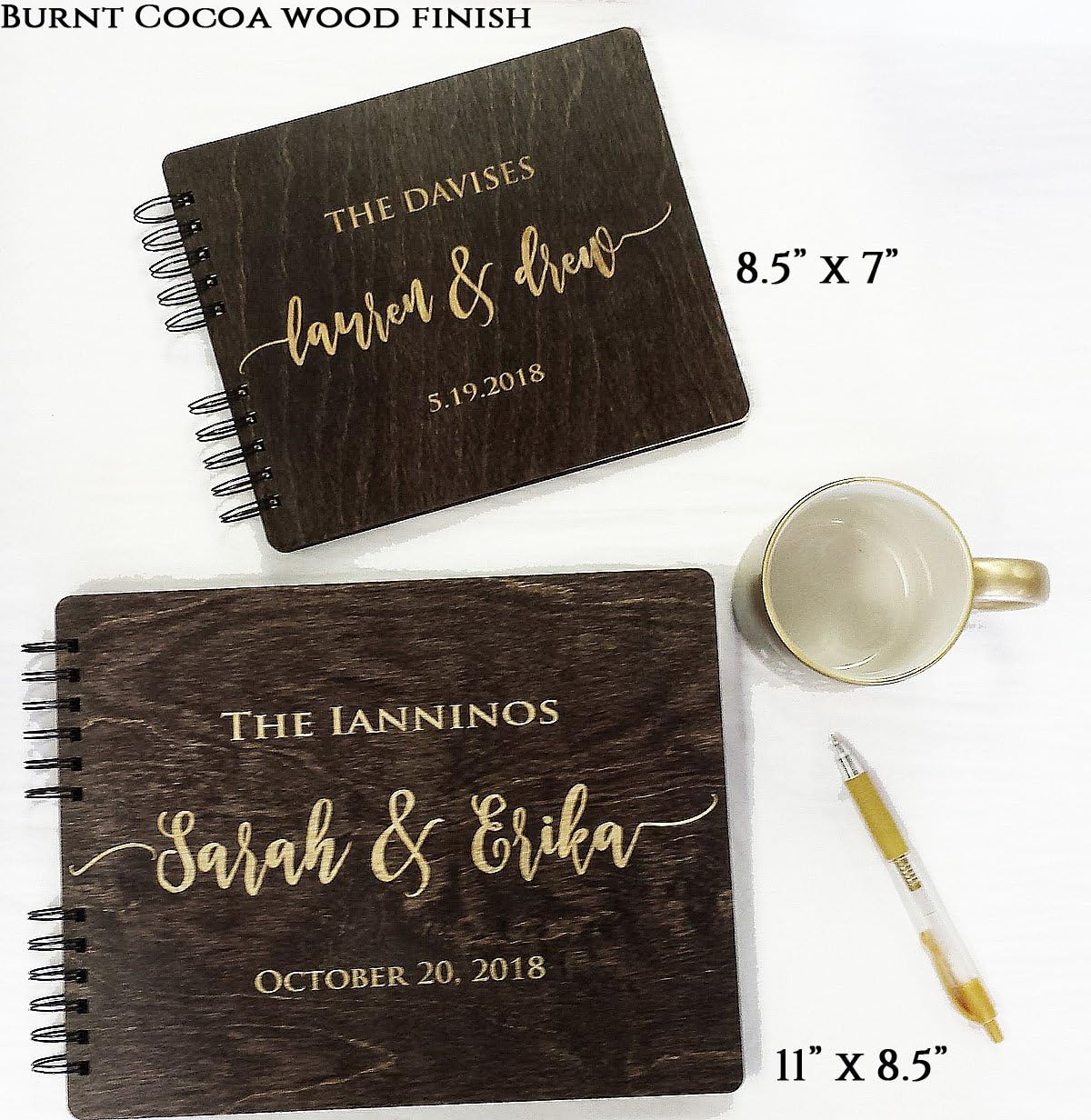 Wooden Wedding Guest Book (8.5"x7", Burnt Cocoa Stain) Personalized Wood Rustic Charm Bride Groom Vintage Anniversary Bridal Guest Registry Guestbook Made in USA