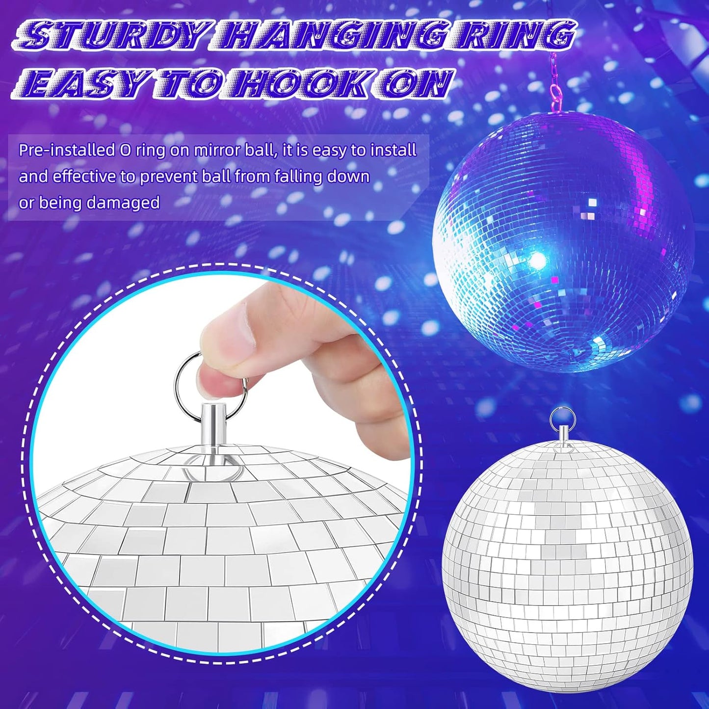 Disco Ball with Motor and Light, 8" Hanging Mirror Ball and 6RPM Batteries Powered Rotating Motor with 4 Light Colors and 18 LEDs for Disco Party Decoration, DJ Club