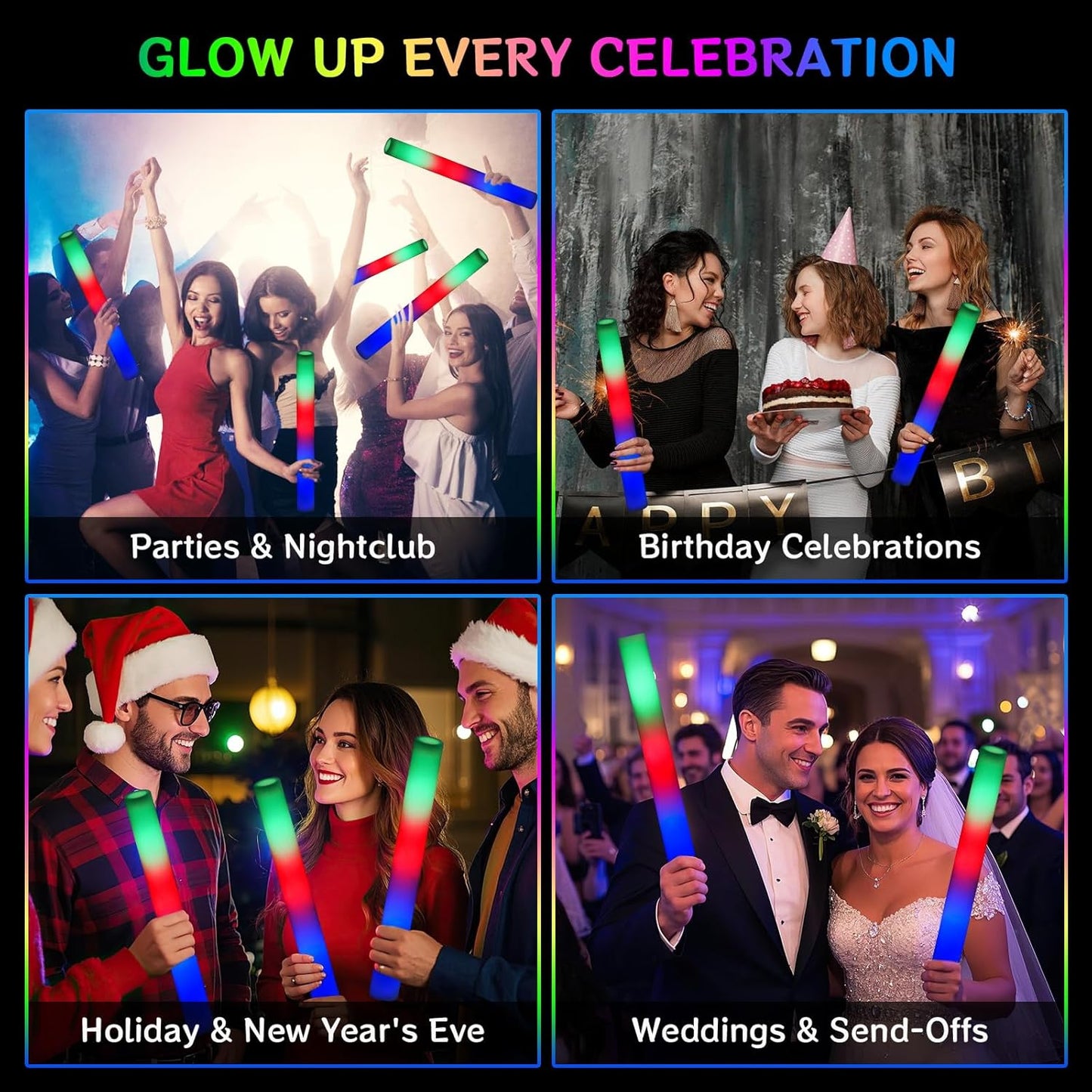 AOWDIAO 100 Pcs 16″ Foam LED Glow Sticks, 3 Light Up Modes, Party Favors for Wedding, Festival & More