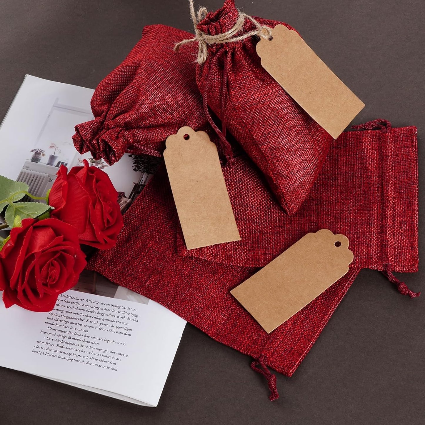 Yymobt 25PCS Burlap Bags with Drawstring, Reusable Burlap Favor Bag 5x7’’ Small Party Sacks for DIY Craft, Party, Christmas, Wedding, Festival Presents Bulk Bags(Red)