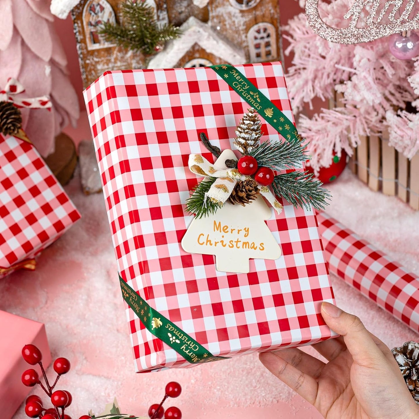 Burymento Red Checkerboard Wrapping Paper, Gift Wrap for Birthday, Valentines, Mothers day, Graduation, Wedding, Fathers day, Baby Shower, Christmas (17in x 32.8ft)